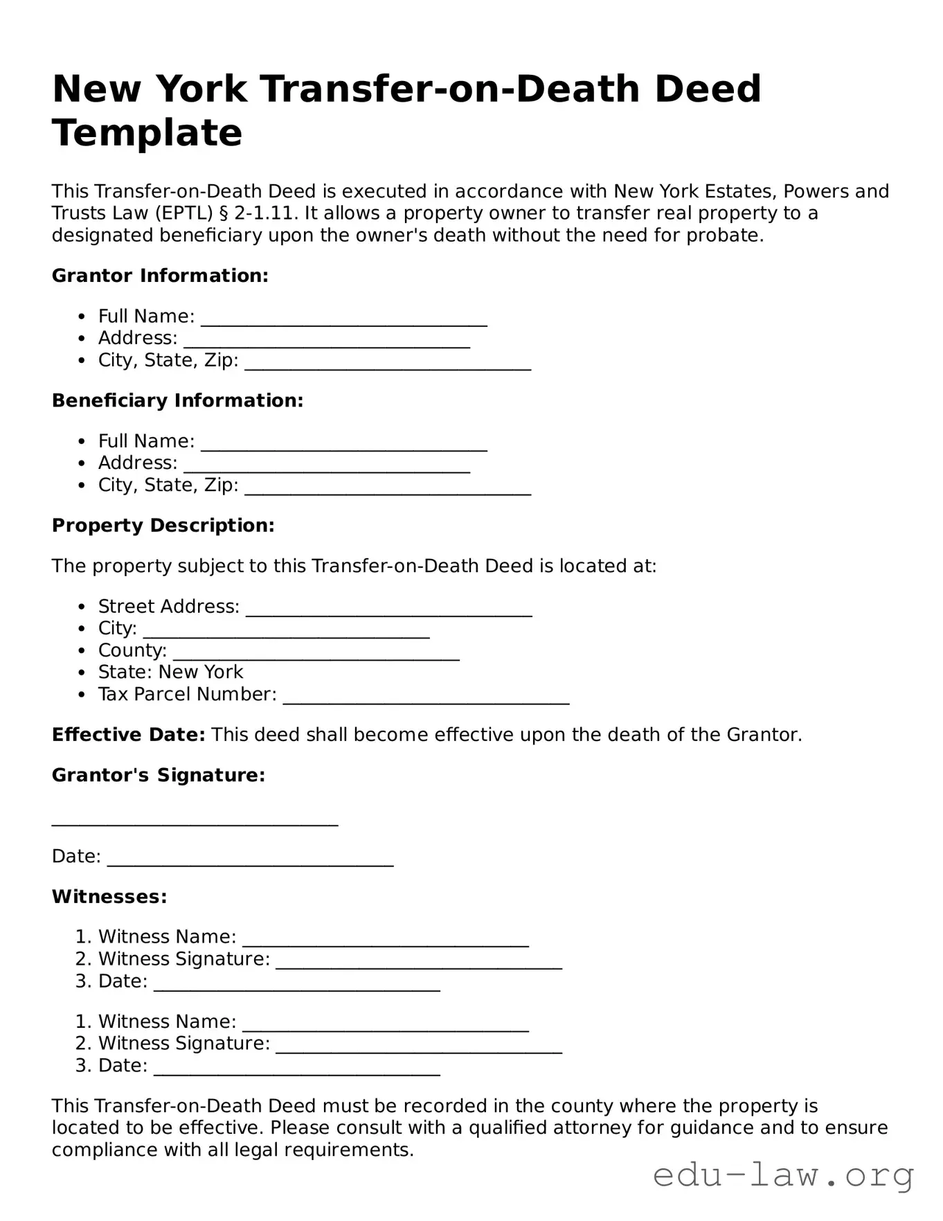 Legal  Transfer-on-Death Deed Template for New York
