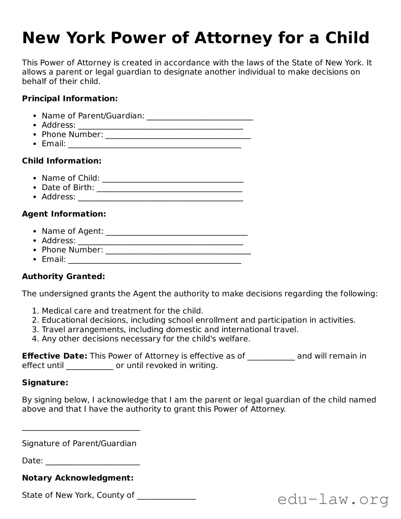 Legal  Power of Attorney for a Child Template for New York