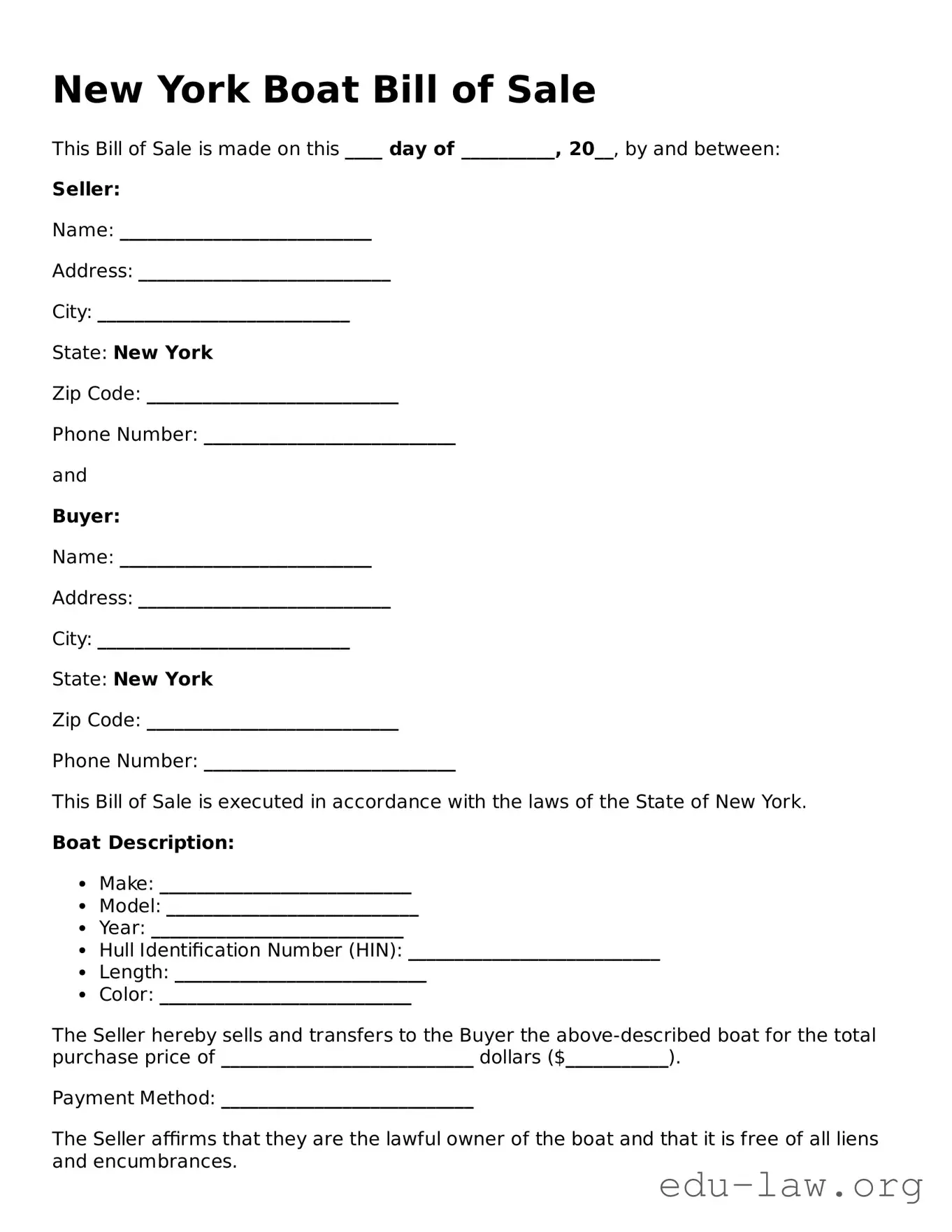 Legal  Boat Bill of Sale Template for New York
