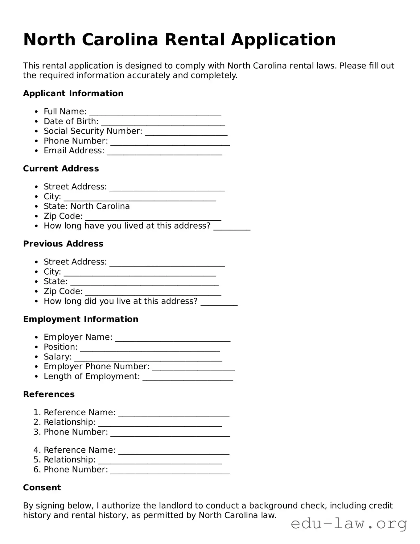 Legal  Rental Application Template for North Carolina
