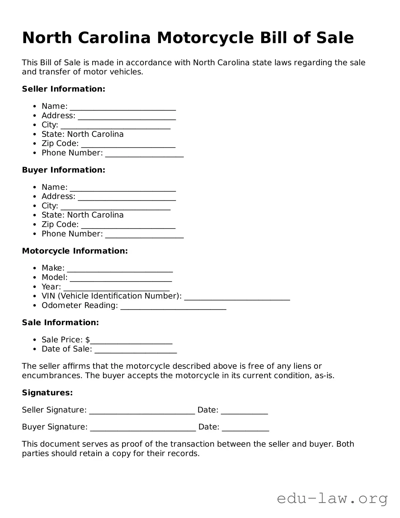 Legal  Motorcycle Bill of Sale Template for North Carolina