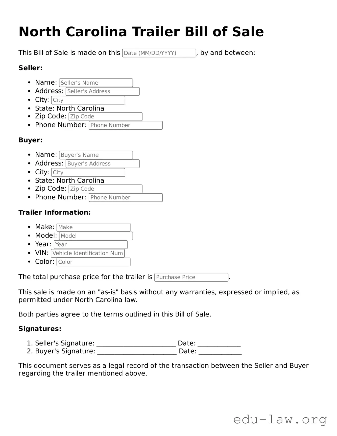 Legal  Trailer Bill of Sale Template for North Carolina