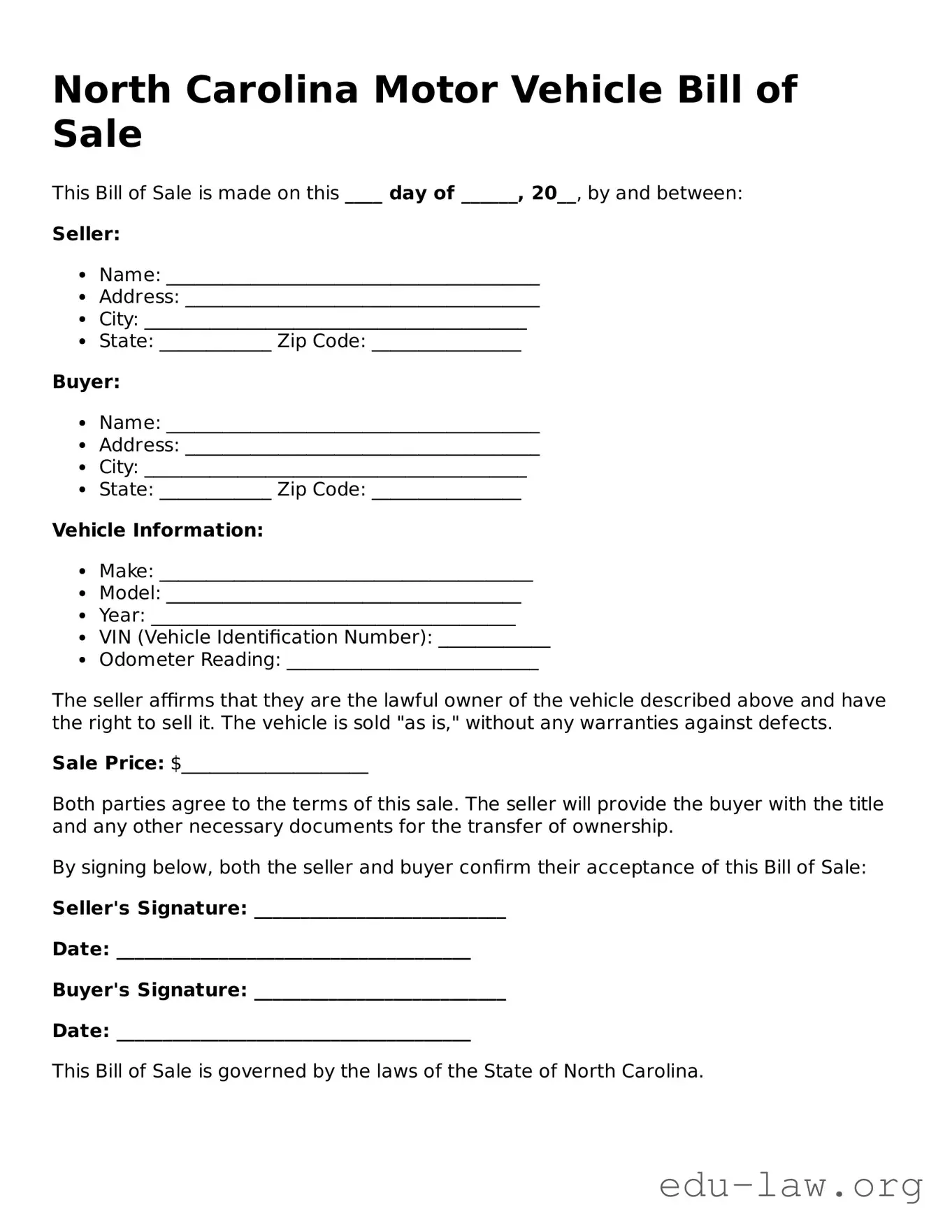 Legal  Motor Vehicle Bill of Sale Template for North Carolina