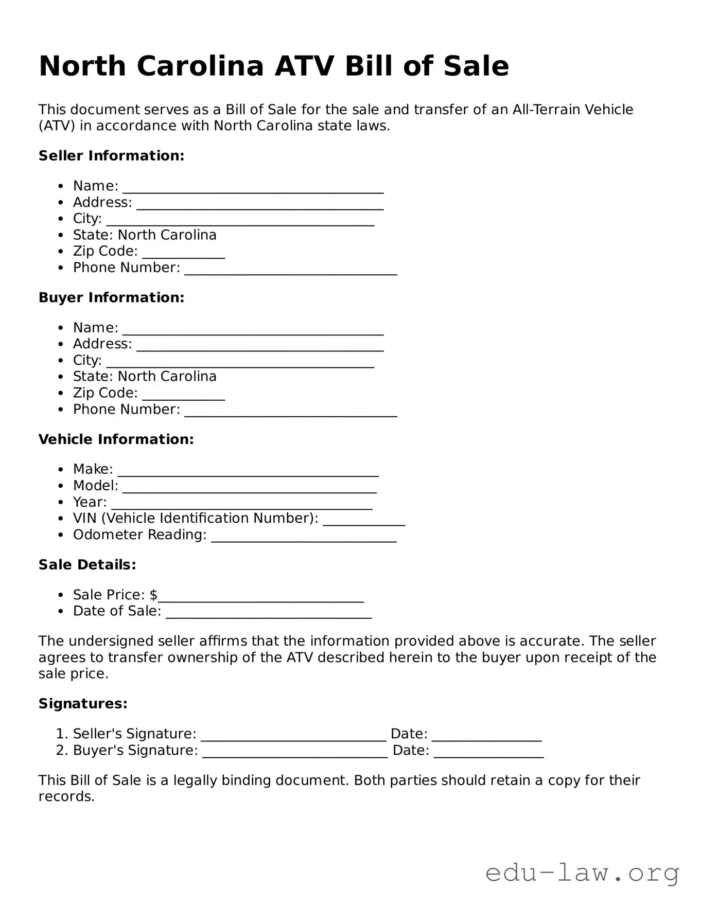 Legal  ATV Bill of Sale Template for North Carolina