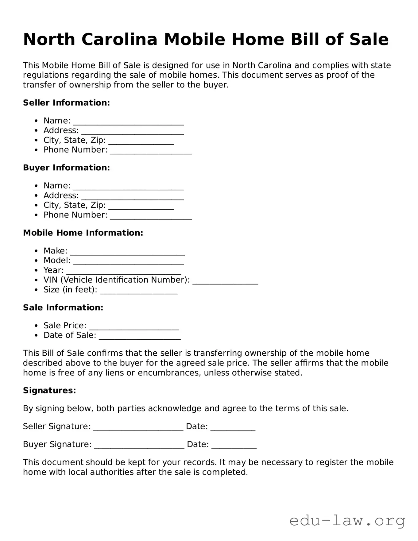 Legal  Mobile Home Bill of Sale Template for North Carolina