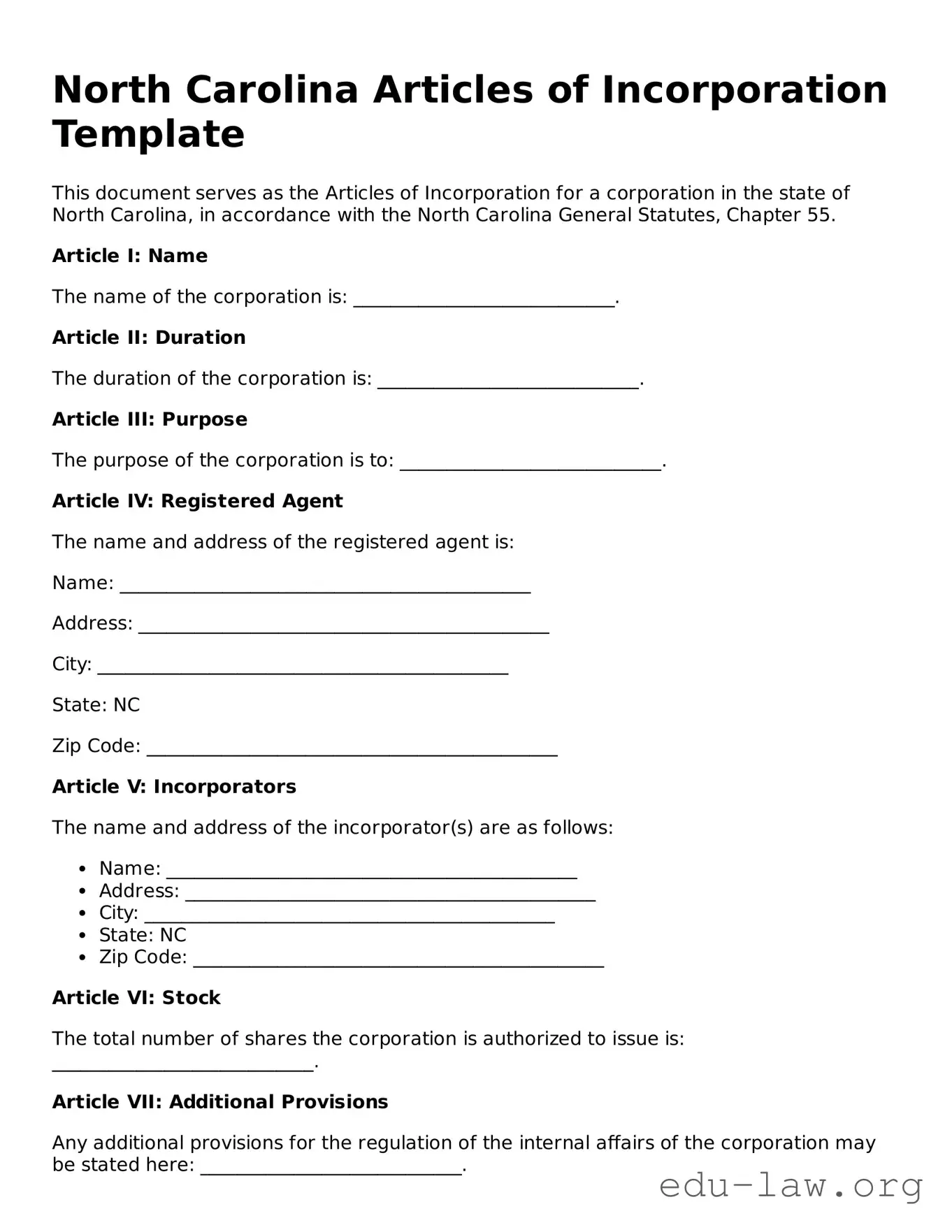 Legal  Articles of Incorporation Template for North Carolina