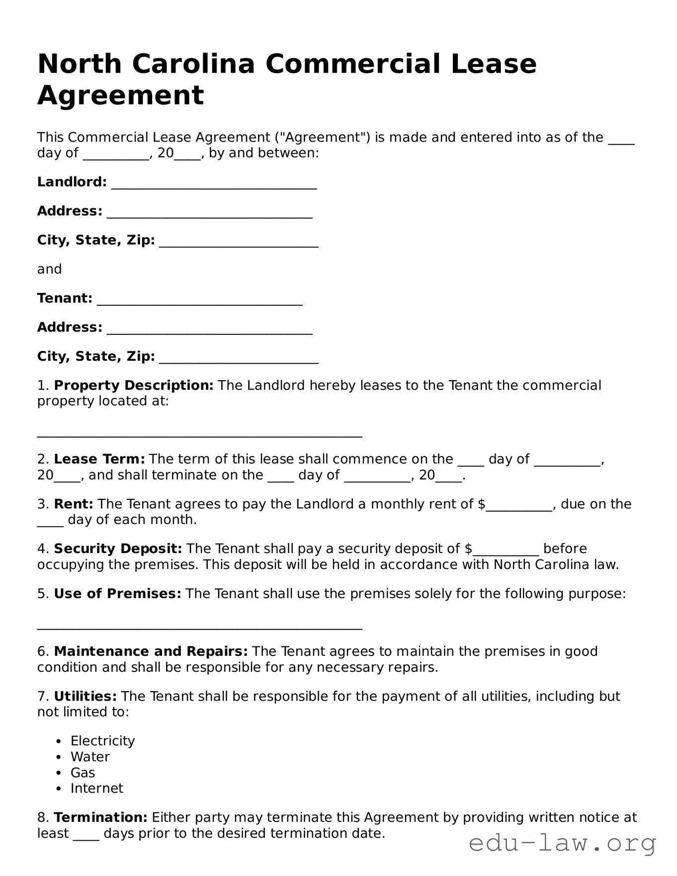 Legal  Commercial Lease Agreement Template for North Carolina