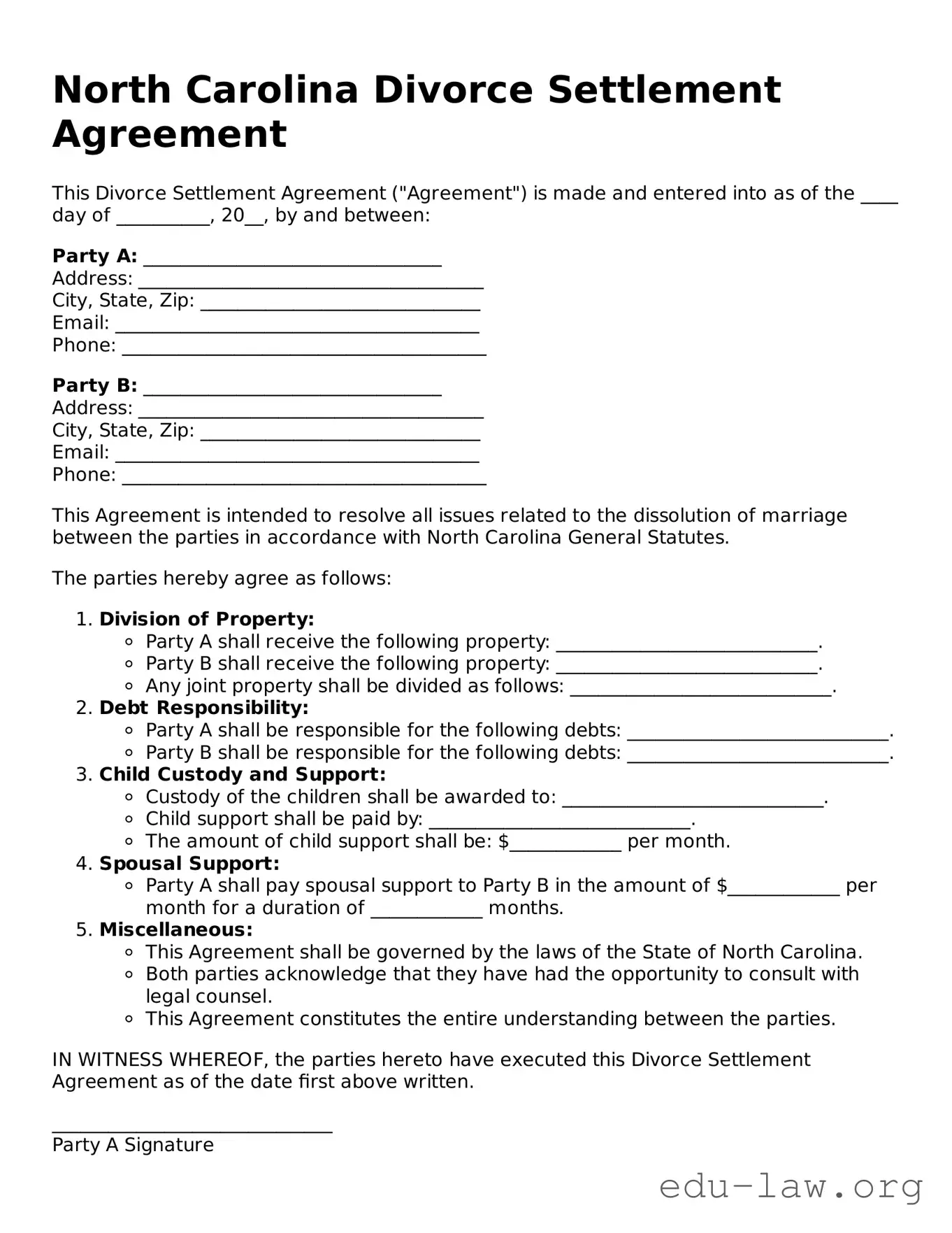 Legal  Divorce Settlement Agreement Template for North Carolina