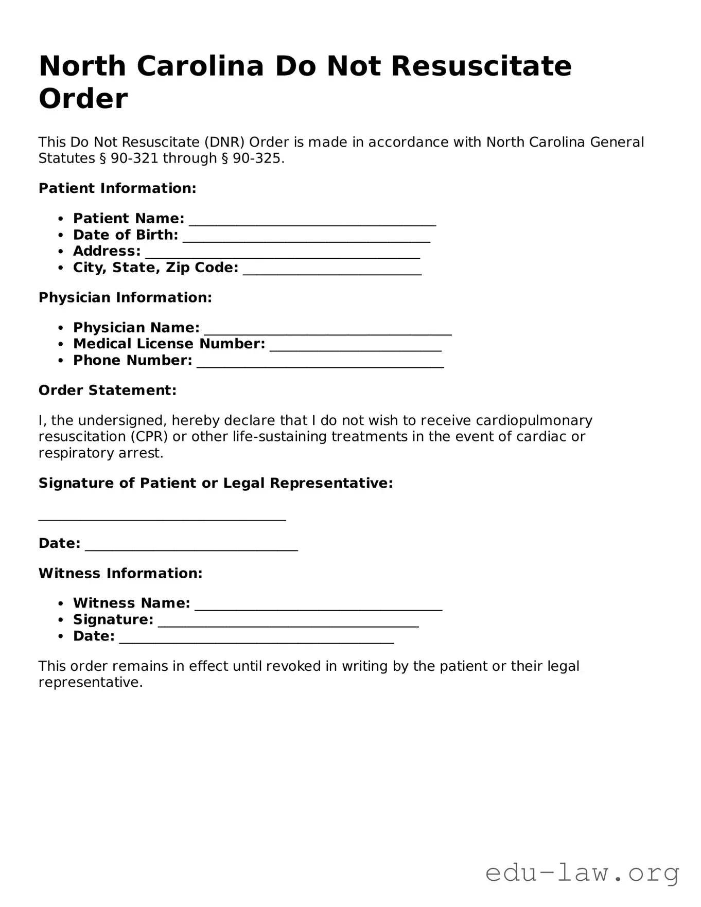 Legal  Do Not Resuscitate Order Template for North Carolina