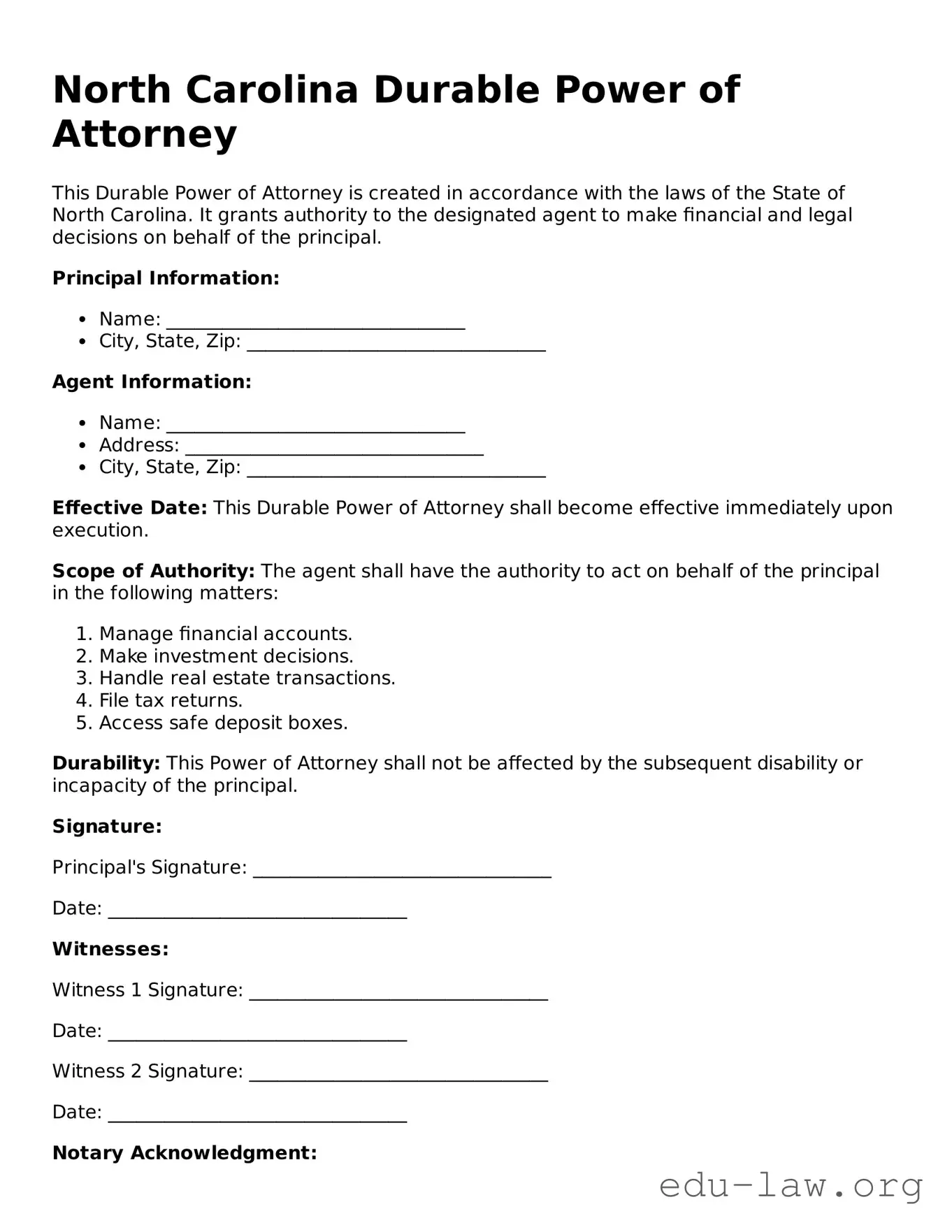 Legal  Durable Power of Attorney Template for North Carolina