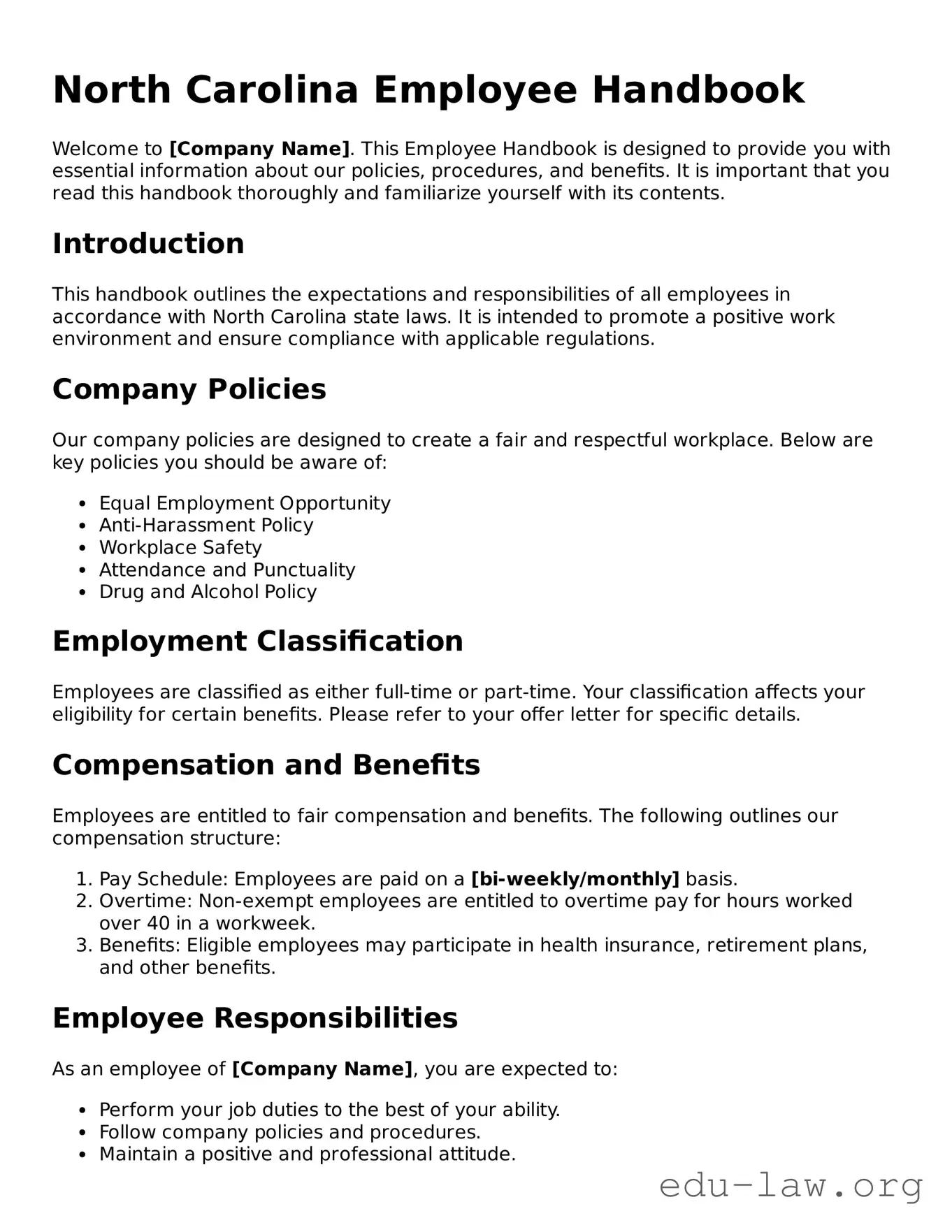 Legal  Employee Handbook Template for North Carolina