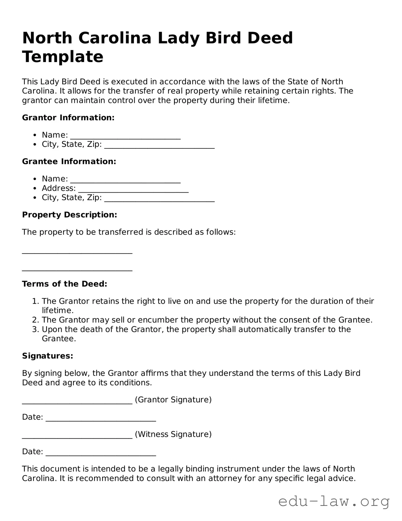 Legal  Lady Bird Deed Template for North Carolina