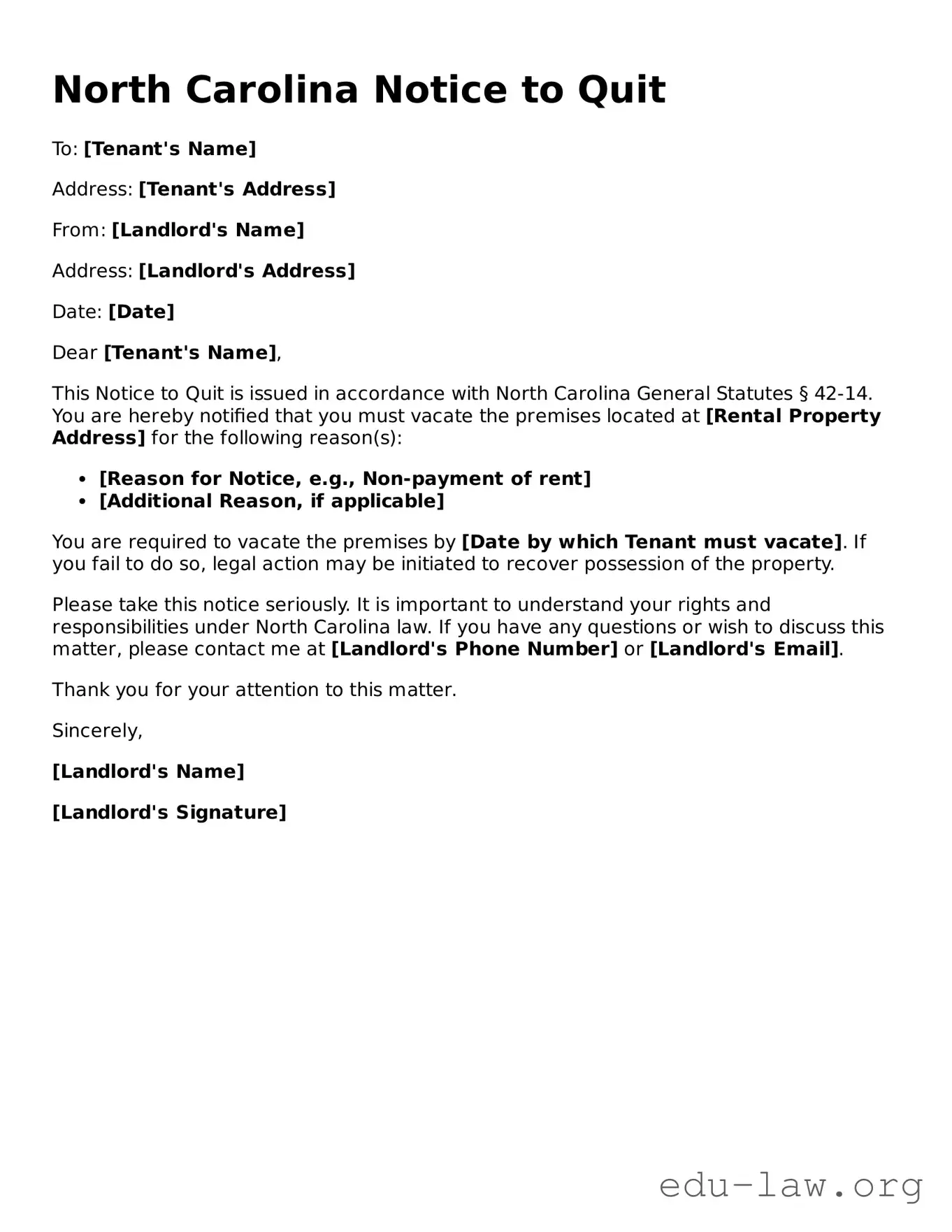 Legal  Notice to Quit Template for North Carolina