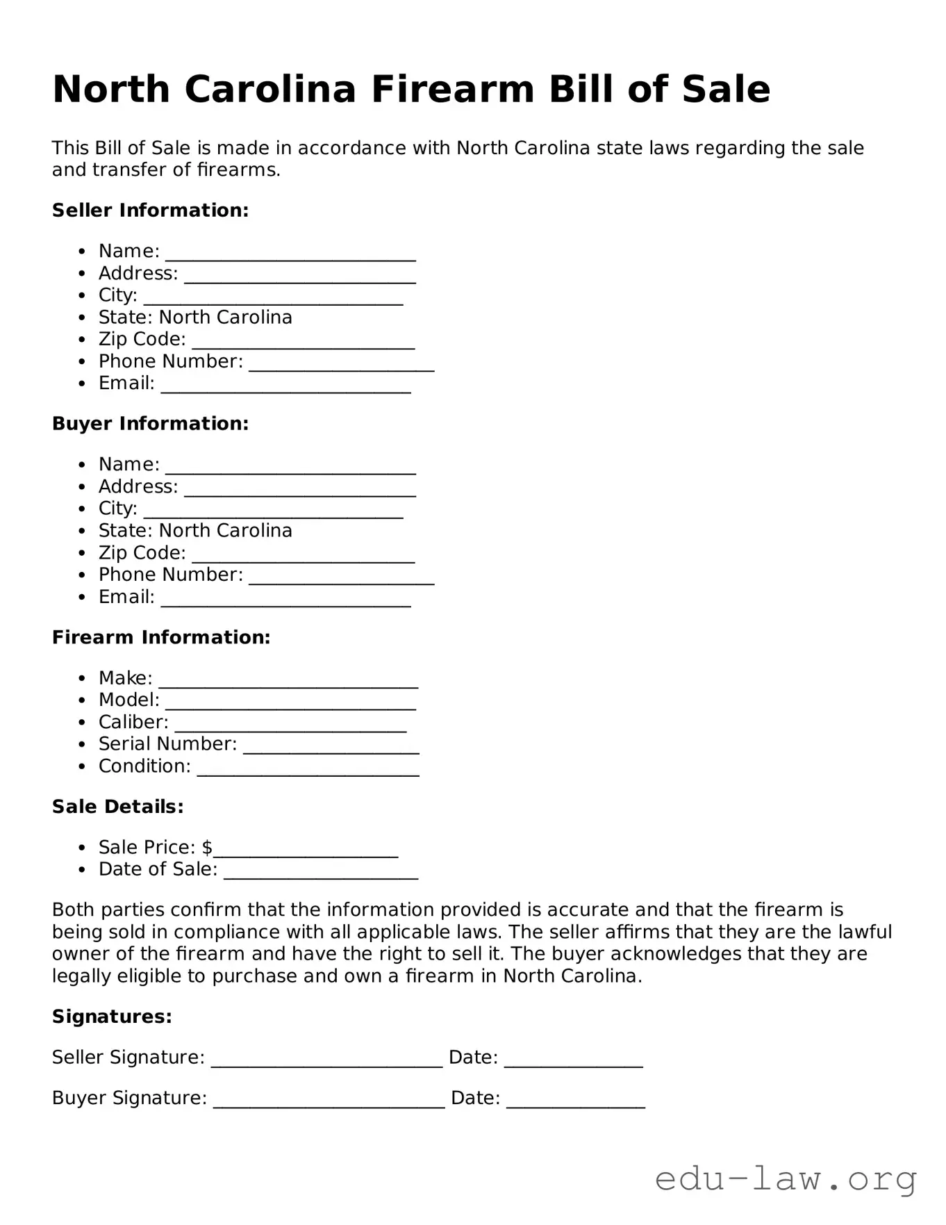 Legal  Firearm Bill of Sale Template for North Carolina