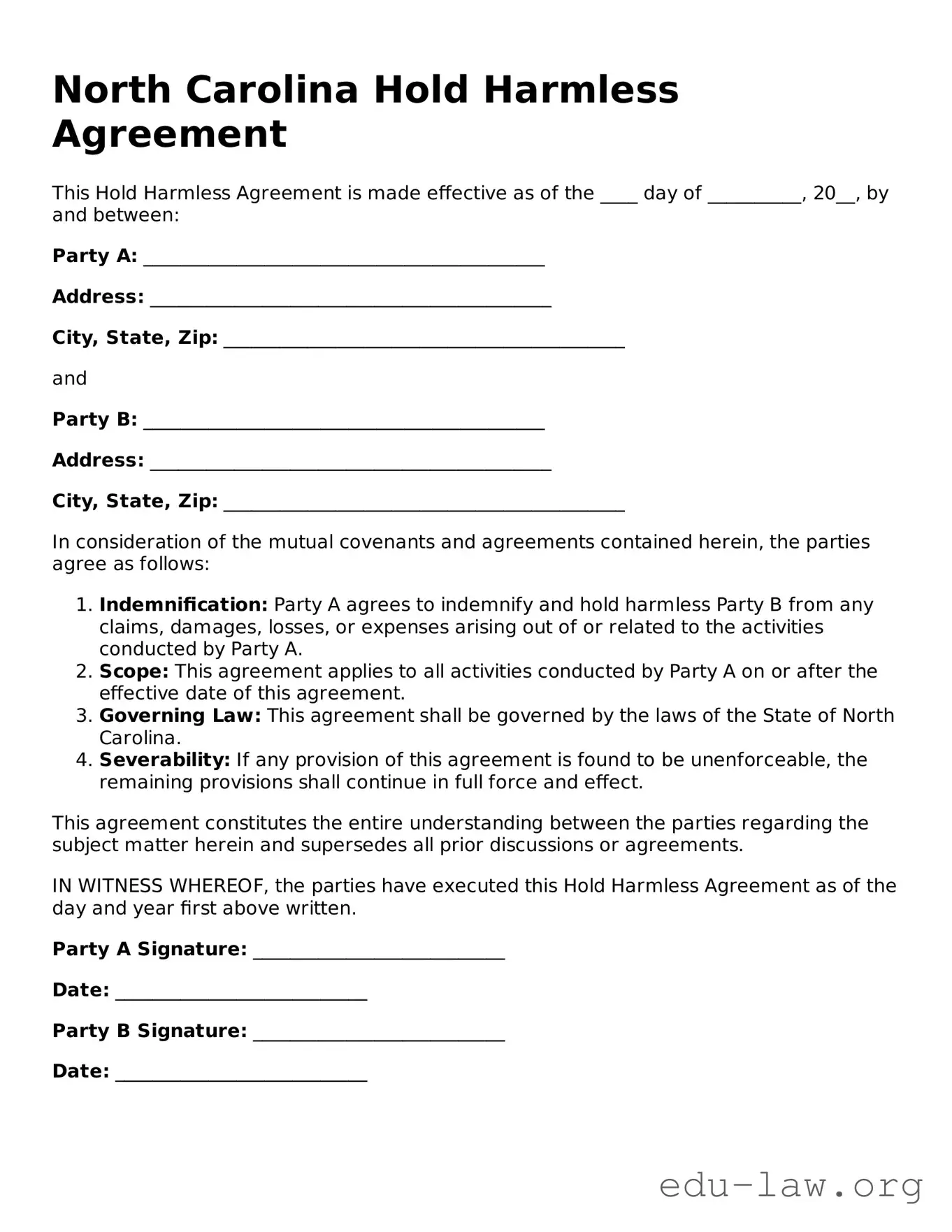 Legal  Hold Harmless Agreement Template for North Carolina