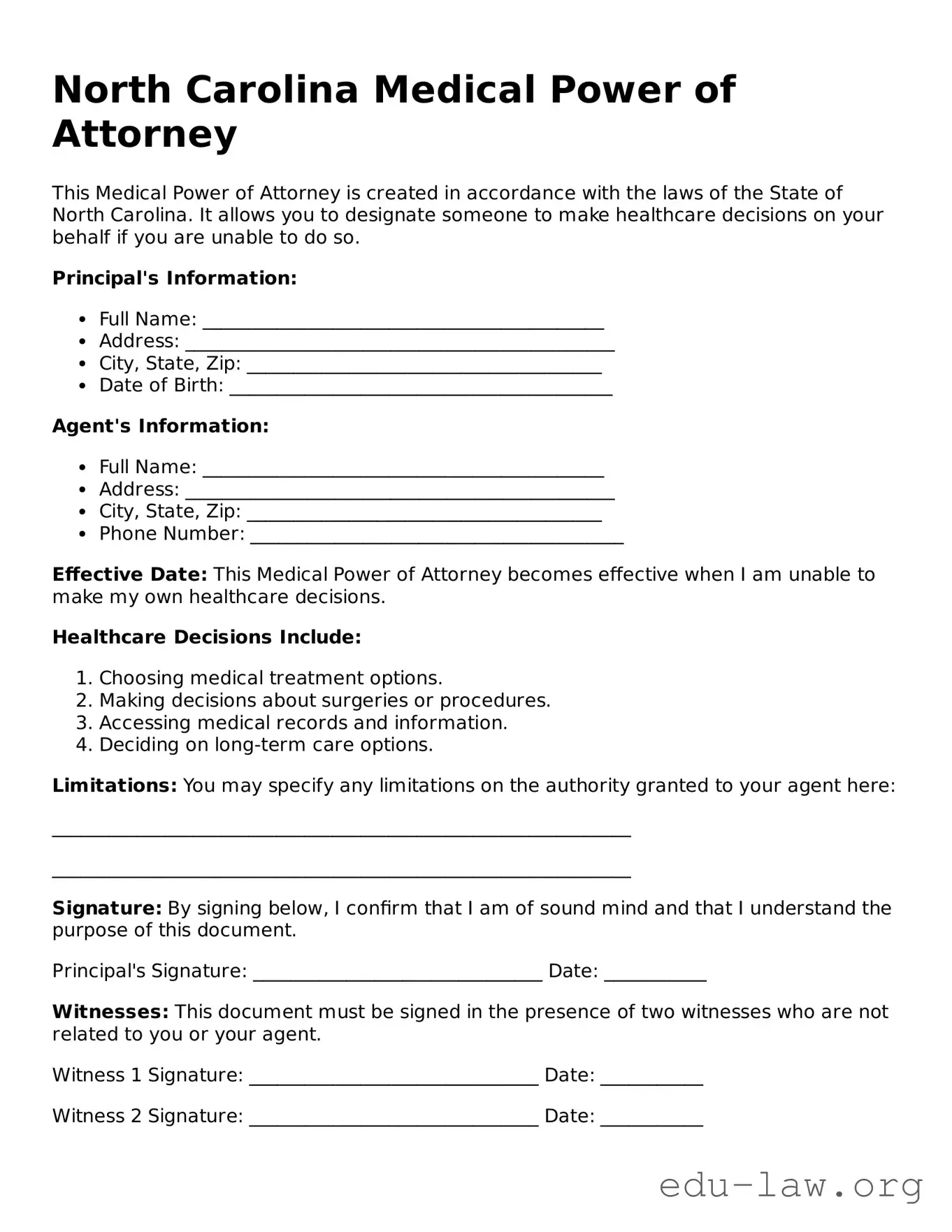 Legal  Medical Power of Attorney Template for North Carolina