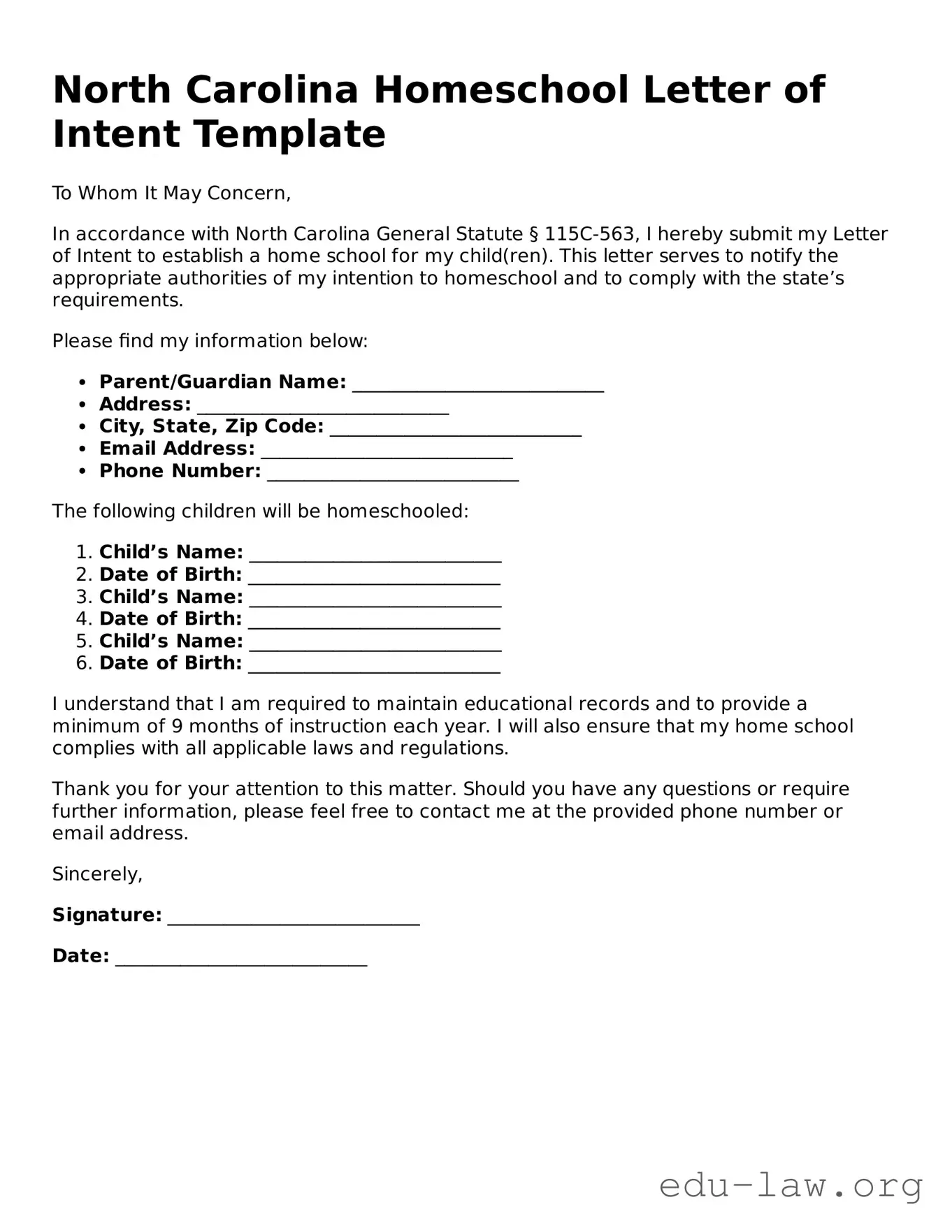Legal  Homeschool Letter of Intent Template for North Carolina