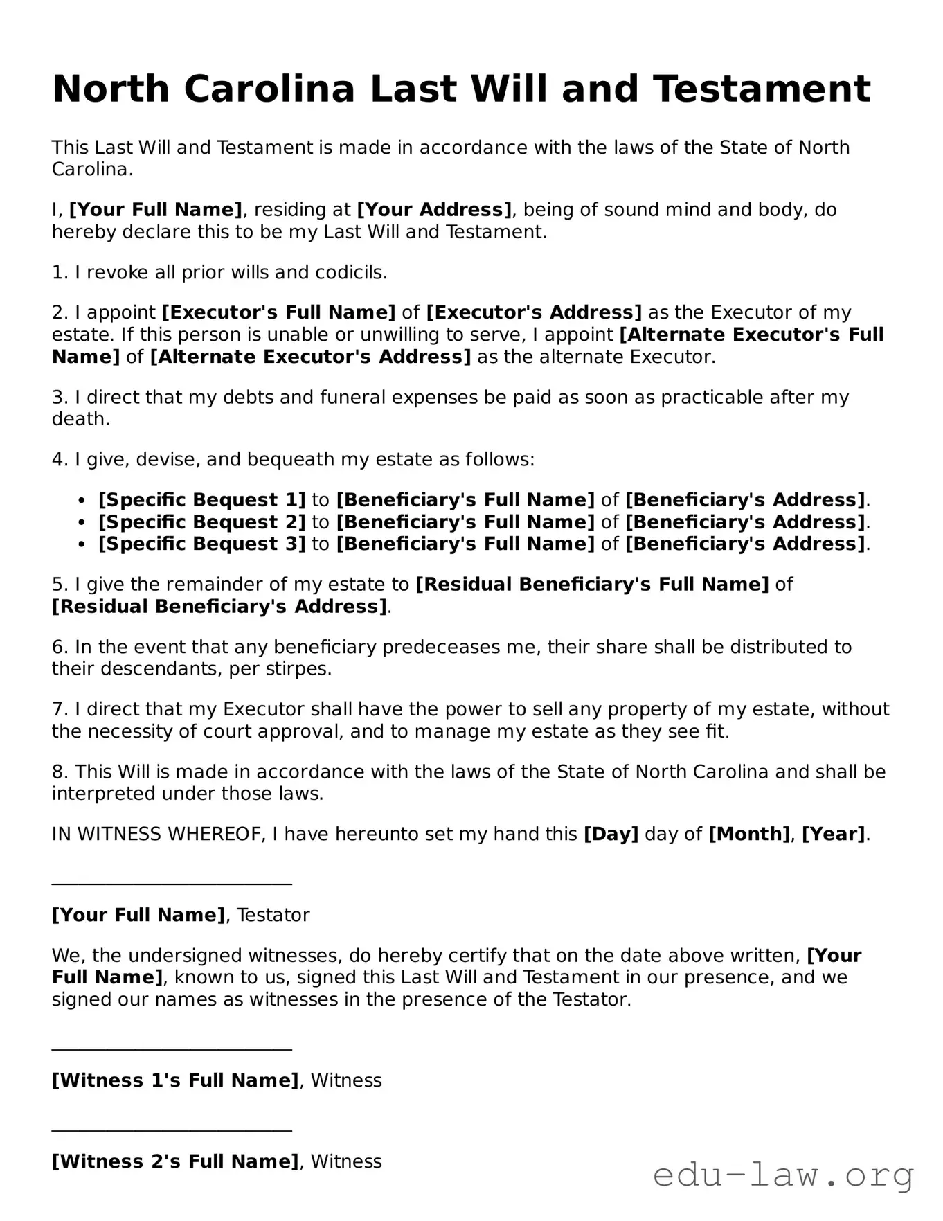 Legal  Last Will and Testament Template for North Carolina