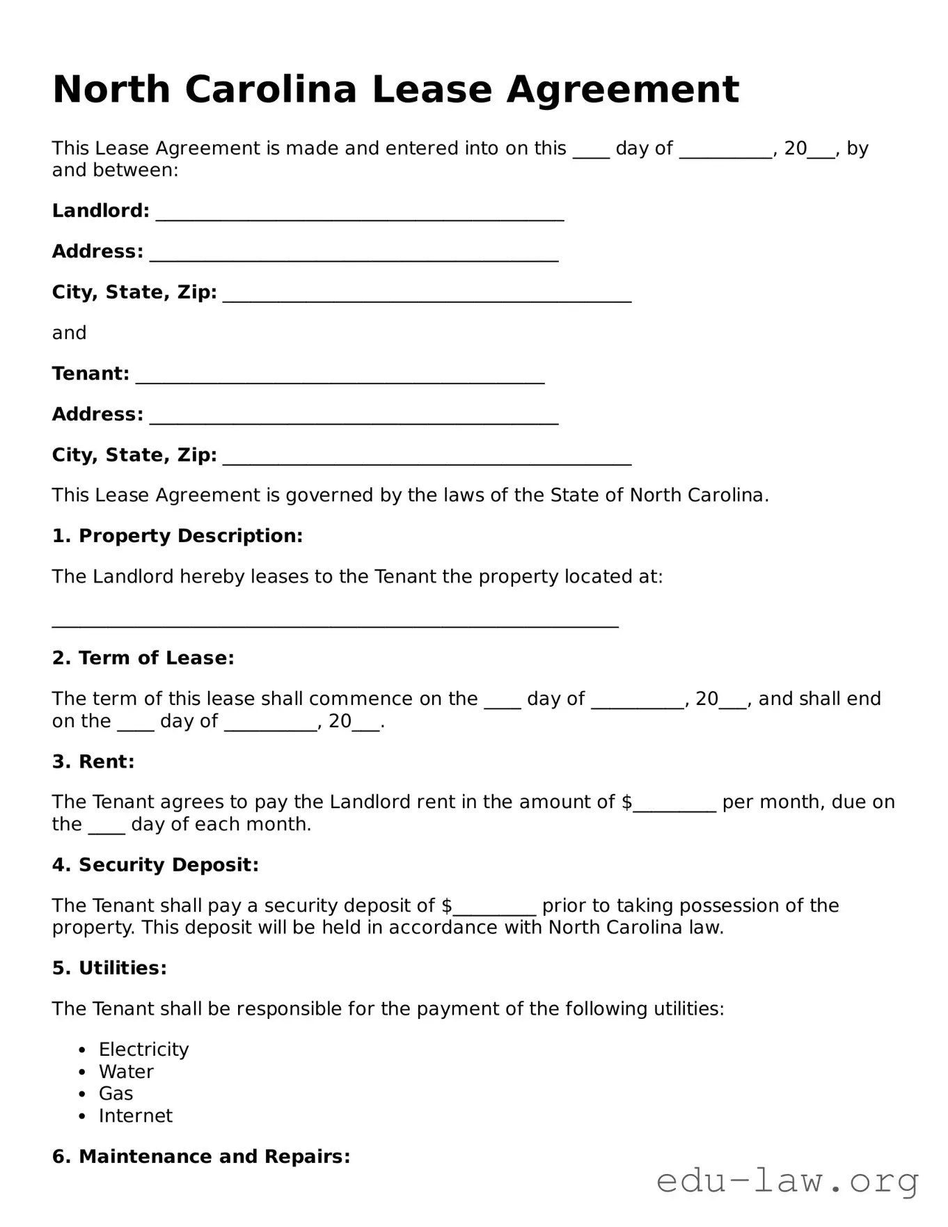 Legal  Lease Agreement Template for North Carolina