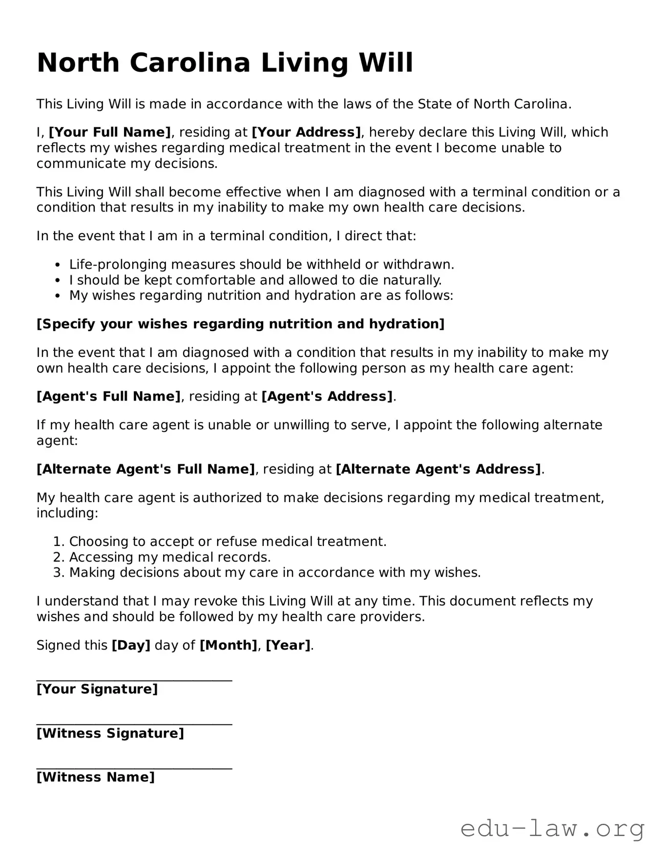 Legal  Living Will Template for North Carolina