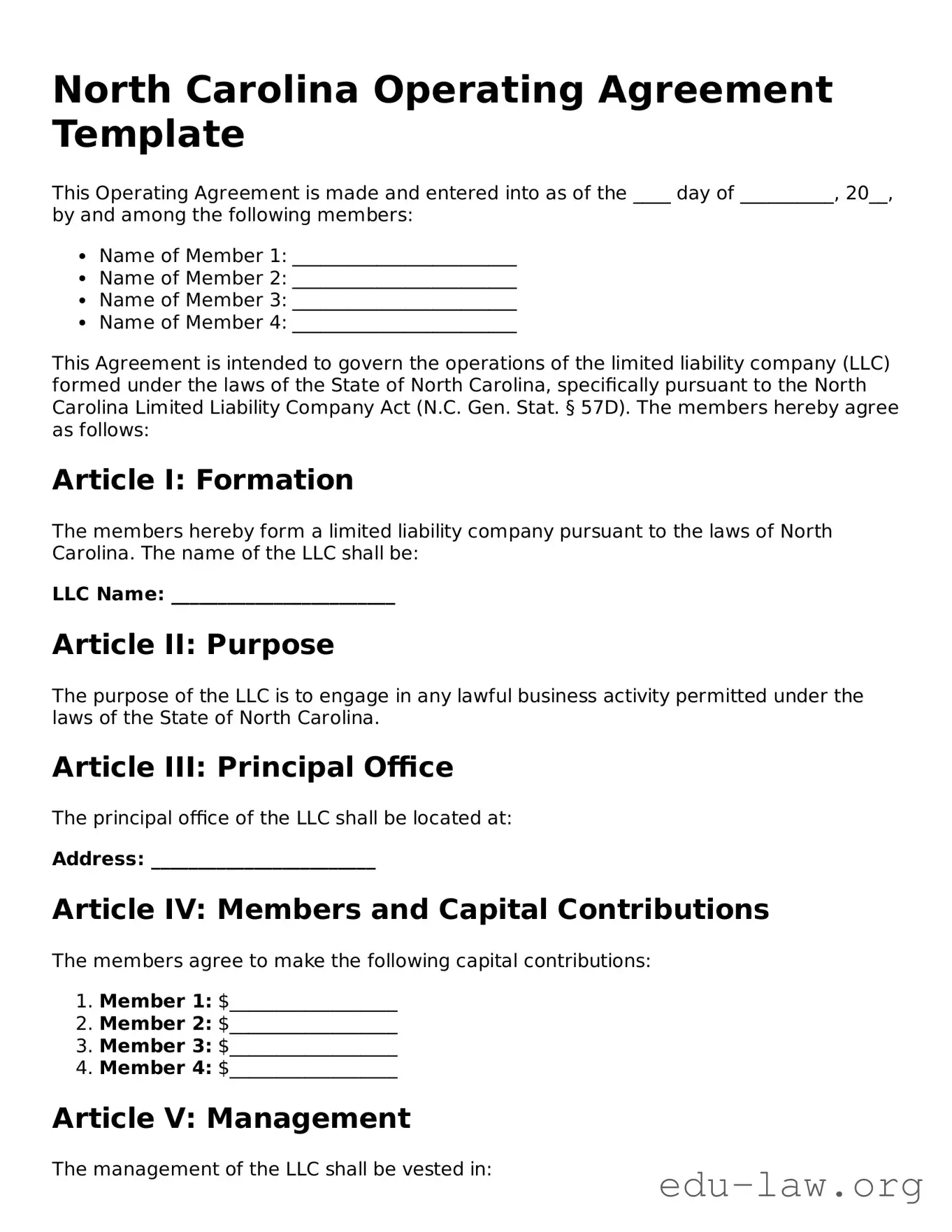 Legal  Operating Agreement Template for North Carolina