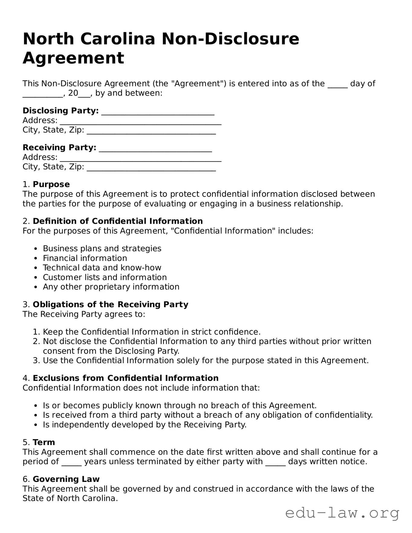Legal  Non-disclosure Agreement Template for North Carolina