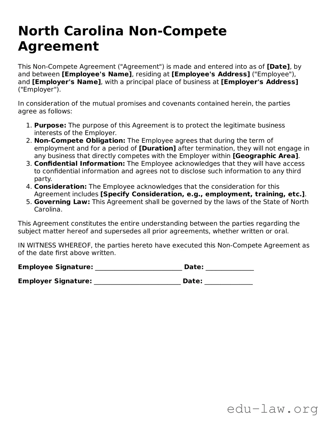 Legal  Non-compete Agreement Template for North Carolina