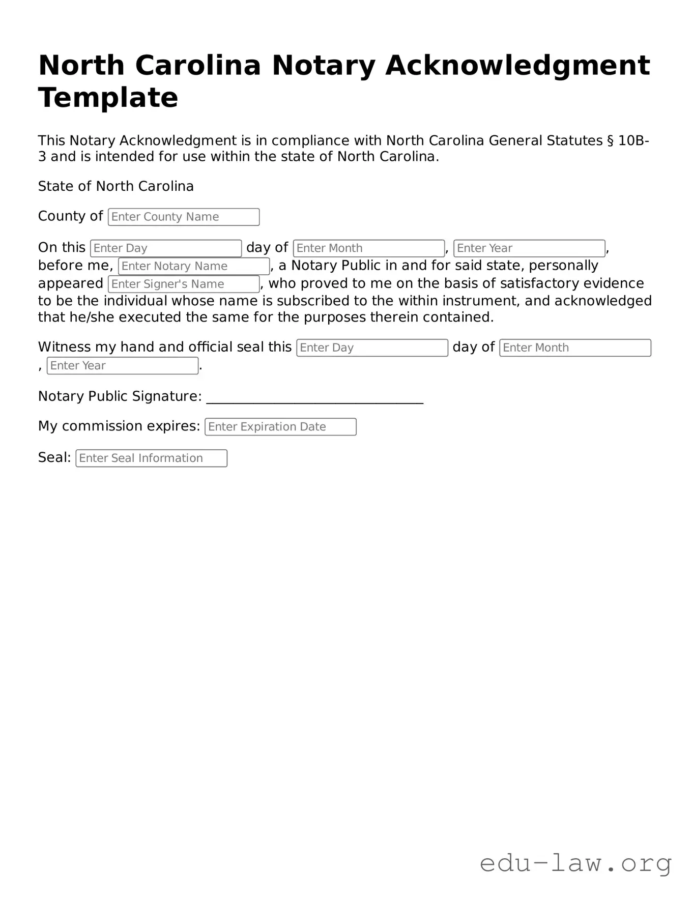 Legal  Notary Acknowledgement Template for North Carolina