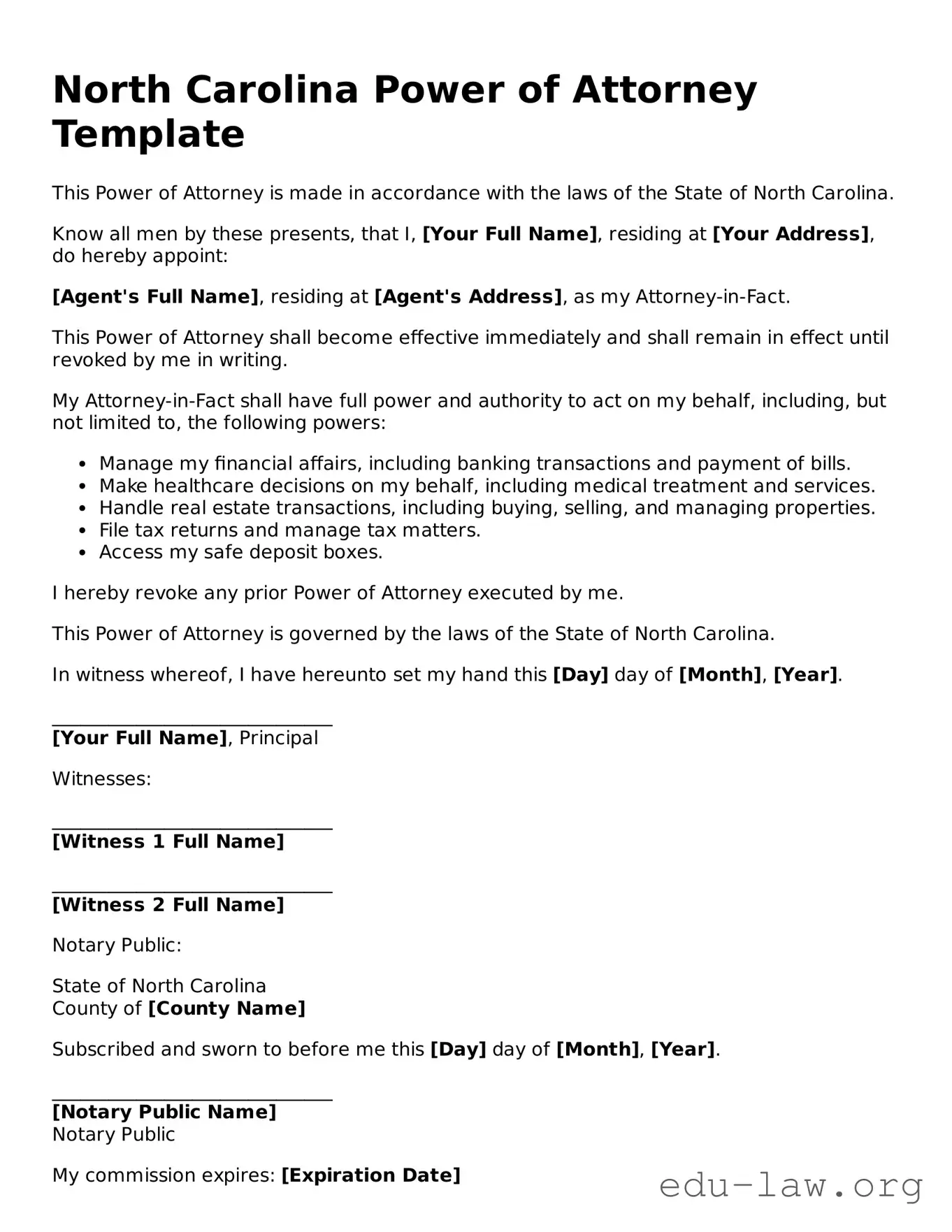 Legal  Power of Attorney Template for North Carolina