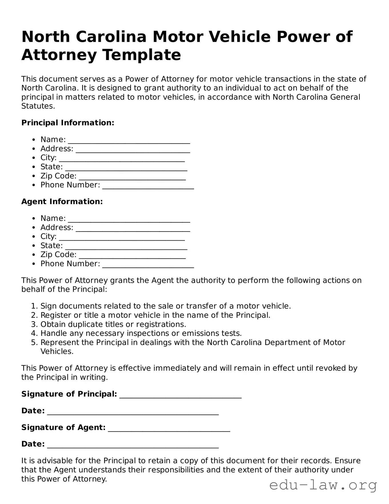 Legal  Motor Vehicle Power of Attorney Template for North Carolina