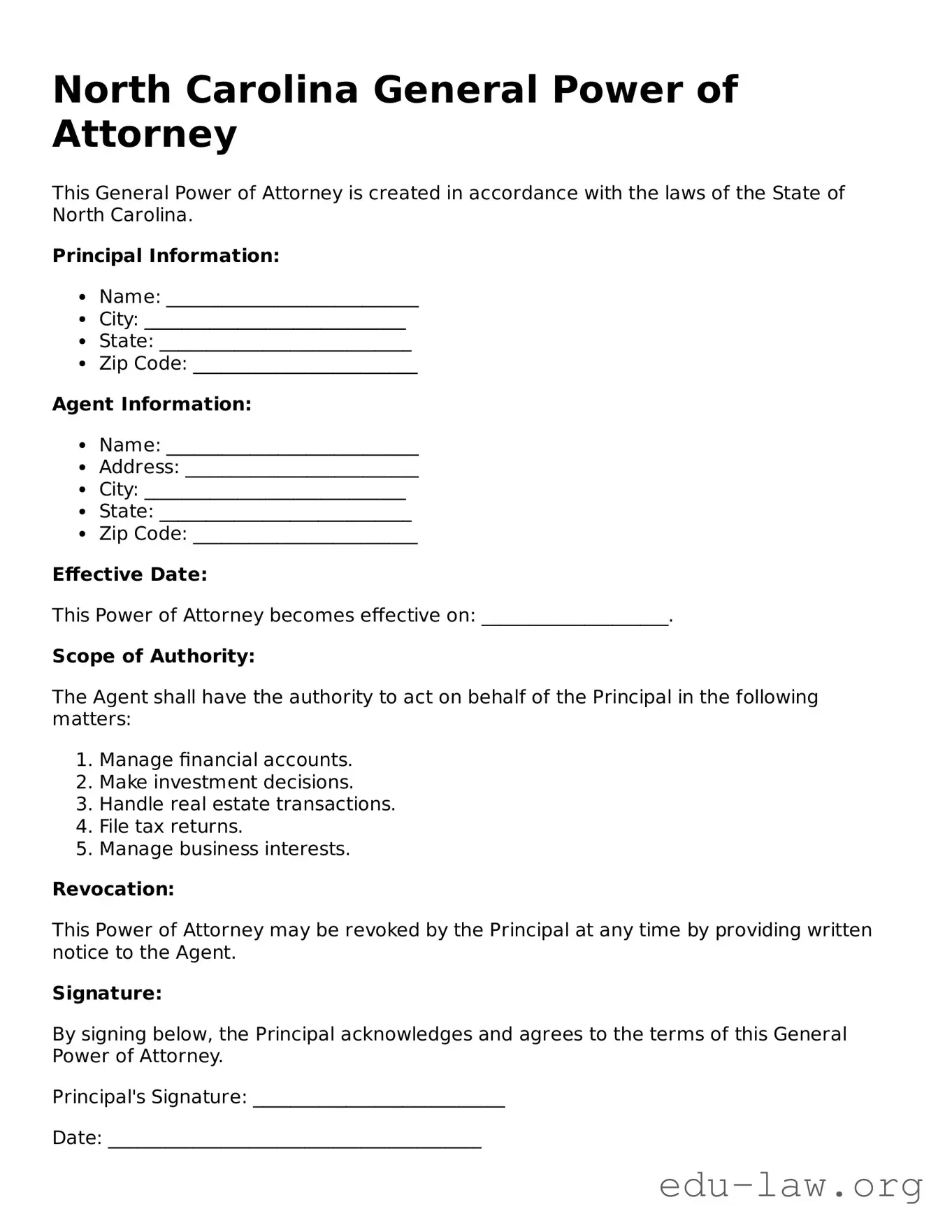 Legal  General Power of Attorney Template for North Carolina