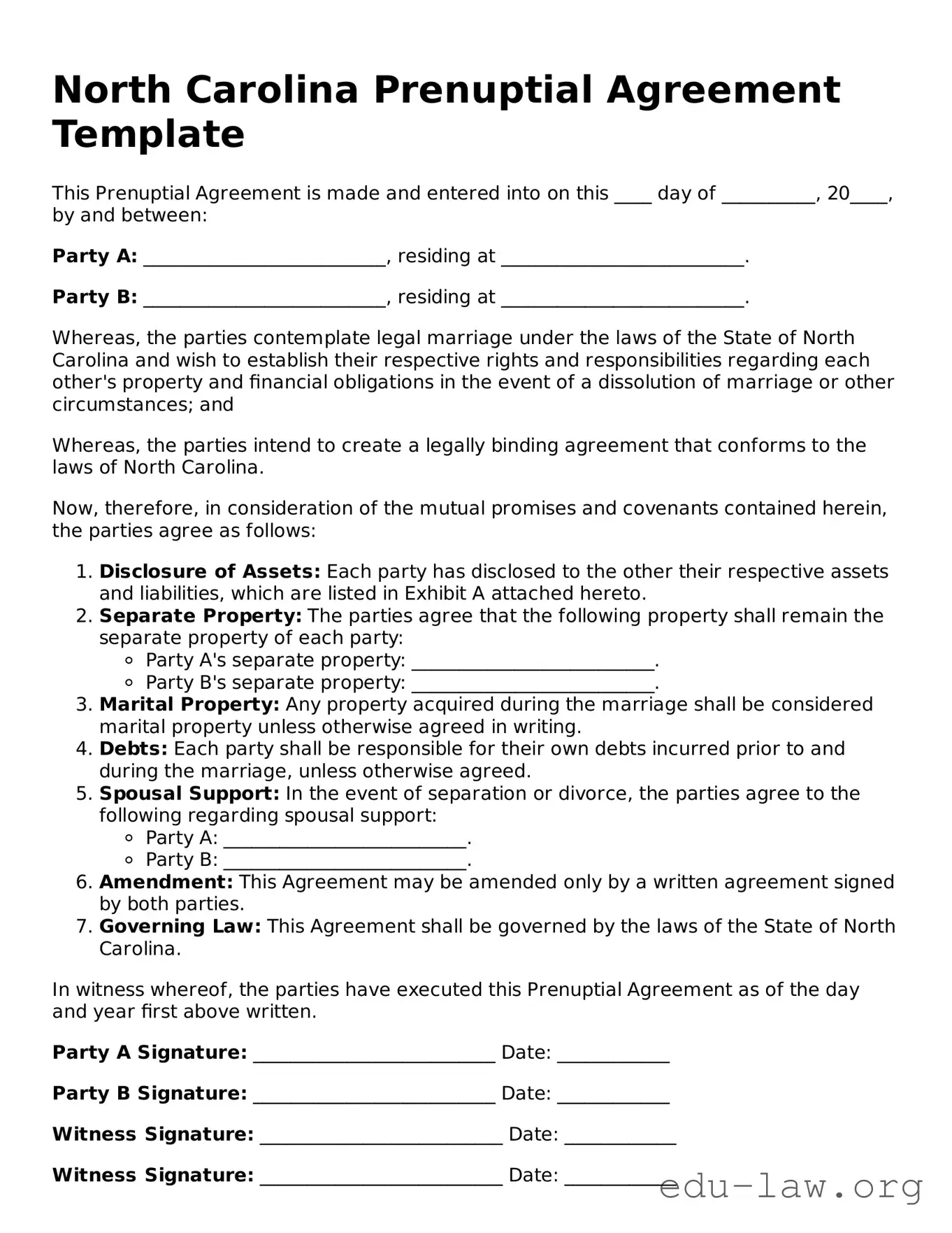 Legal  Prenuptial Agreement Template for North Carolina