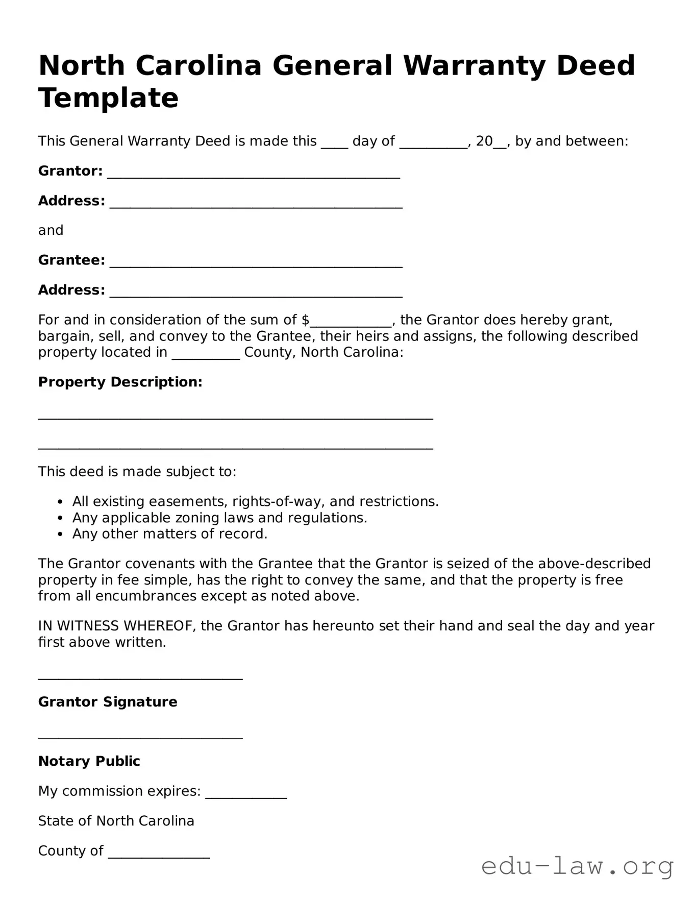 Legal  Deed Template for North Carolina