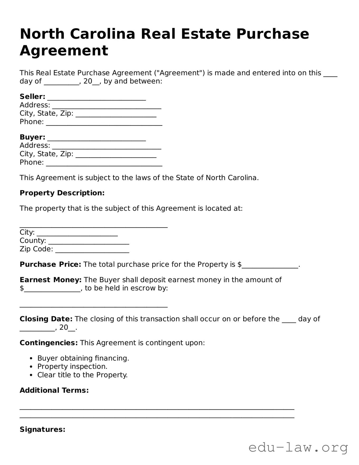 Legal  Real Estate Purchase Agreement Template for North Carolina