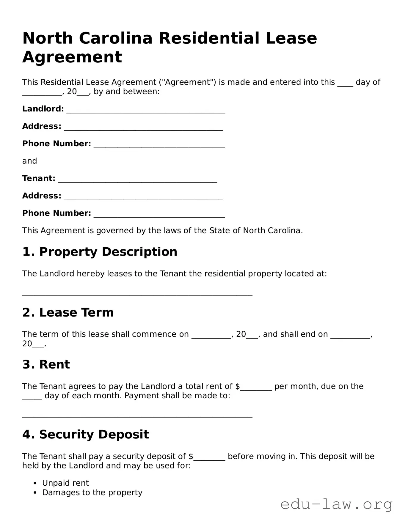 Legal  Residential Lease Agreement Template for North Carolina