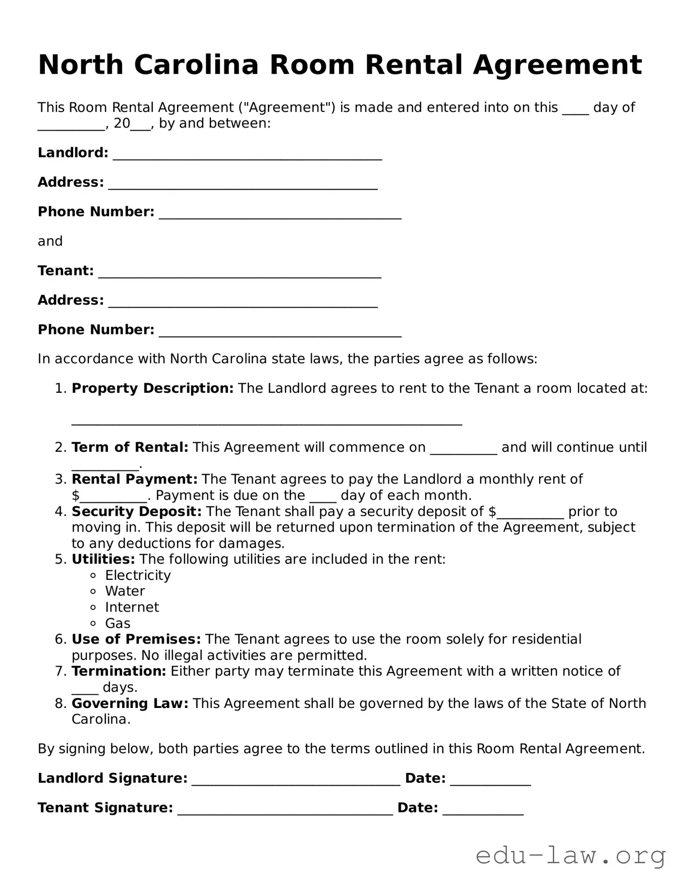 Legal  Room Rental Agreement Template for North Carolina