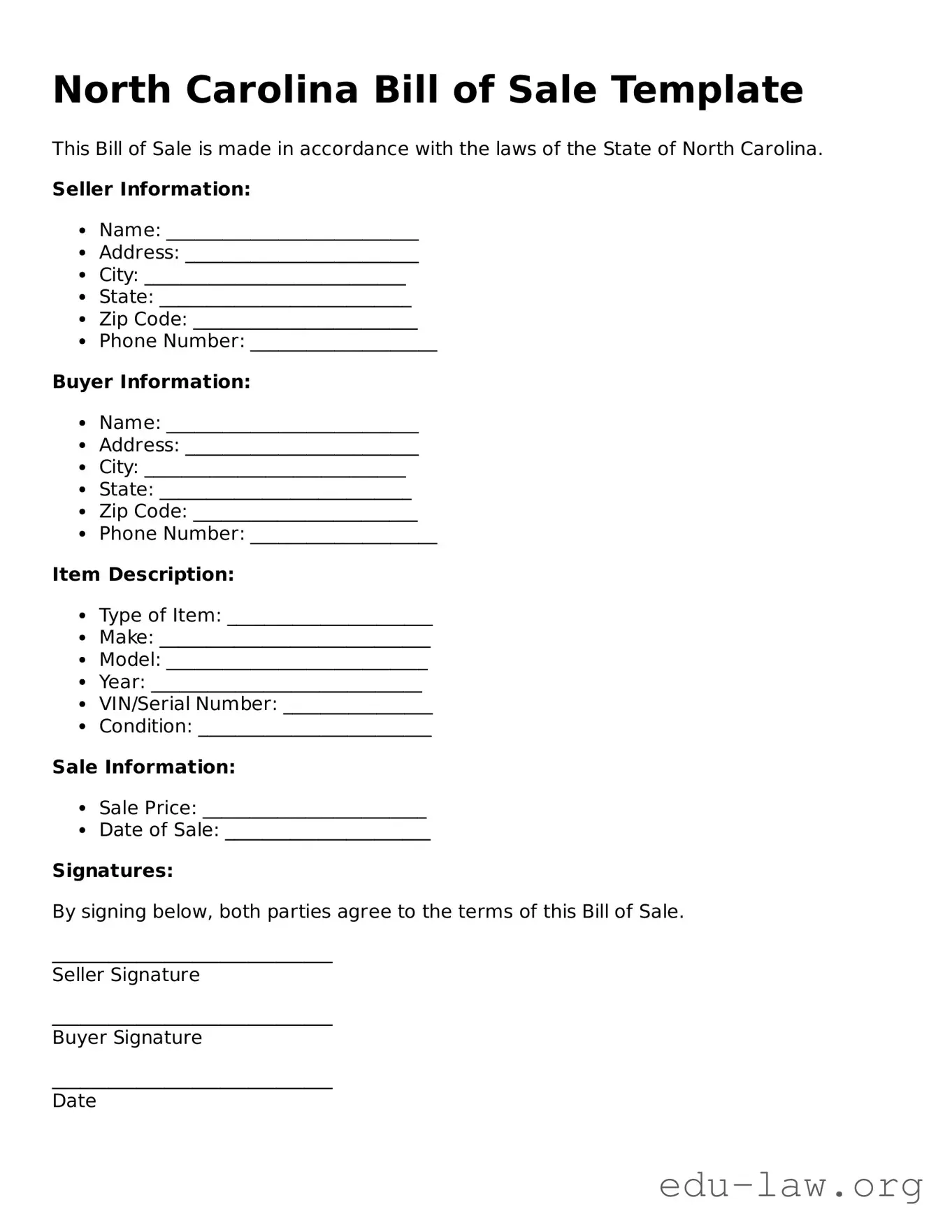 Legal  Bill of Sale Template for North Carolina