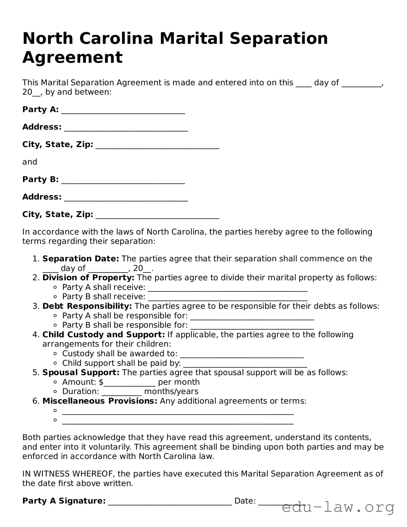 Legal  Marital Separation Agreement Template for North Carolina