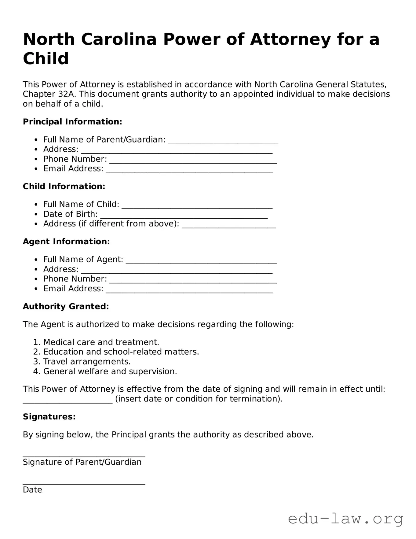 Legal  Power of Attorney for a Child Template for North Carolina
