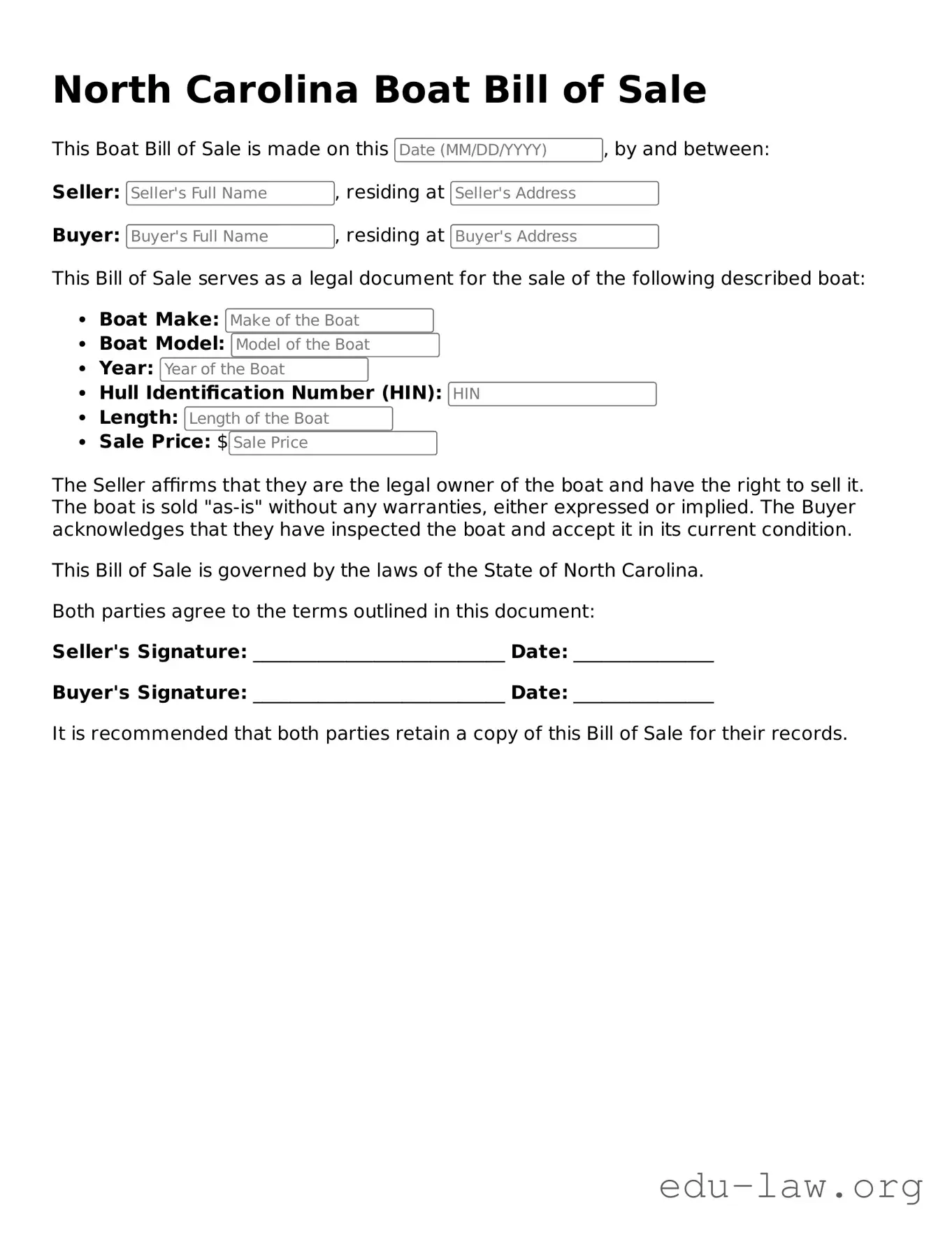 Legal  Boat Bill of Sale Template for North Carolina