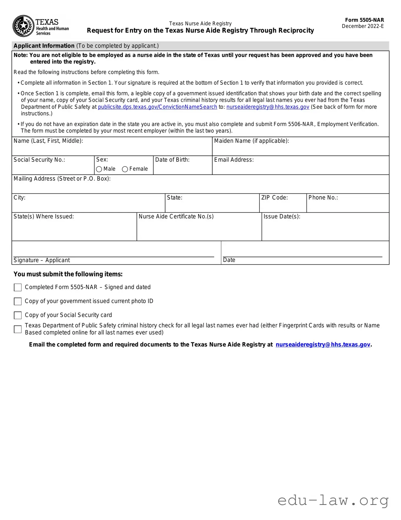 Fill in Your Texas Nurse Aide Registry 5505-NAR Template