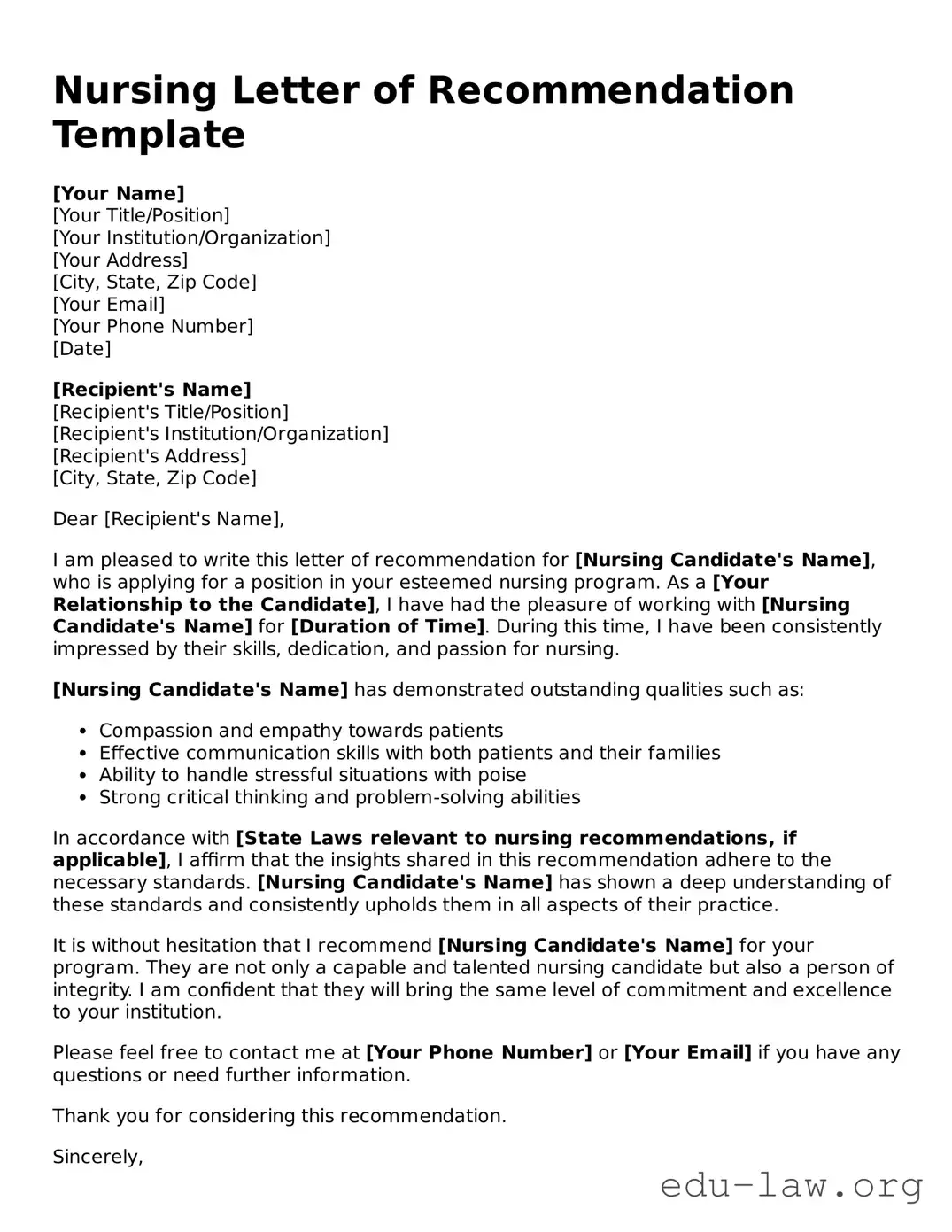 Nursing Letter of Recommendation Template