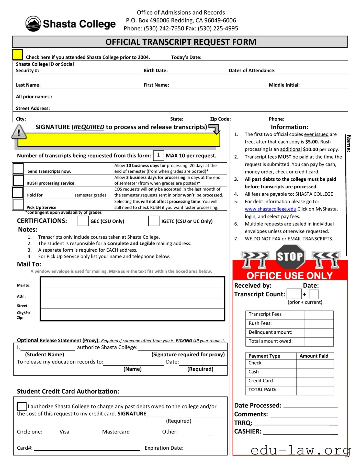 Fill in Your College Shasta Transcripts Template