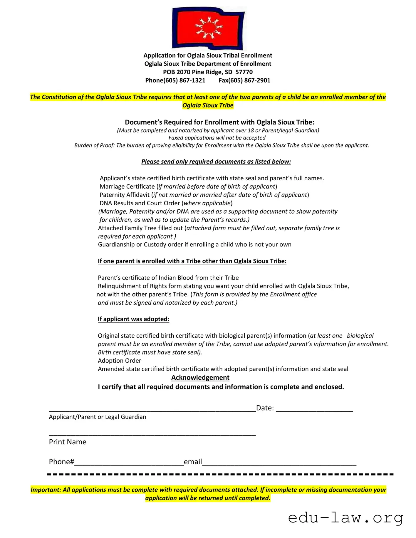 Fill in Your Enrollment Oglala Sioux Tribe Template