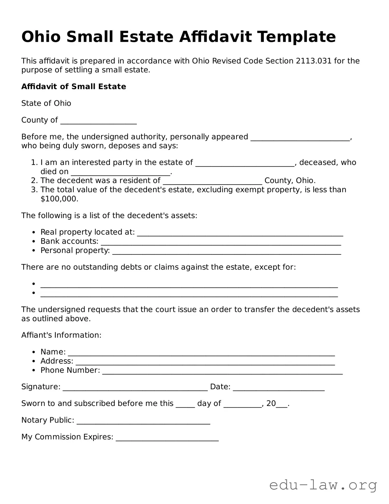 Legal  Small Estate Affidavit Template for Ohio