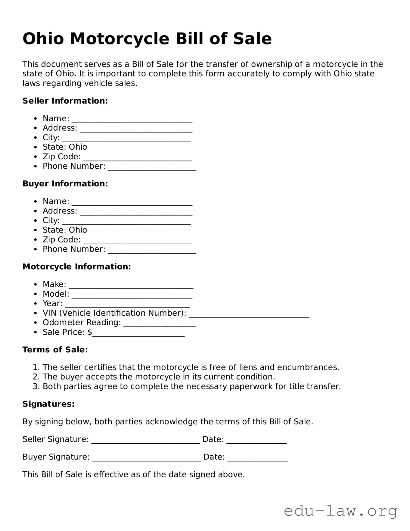 Legal  Motorcycle Bill of Sale Template for Ohio