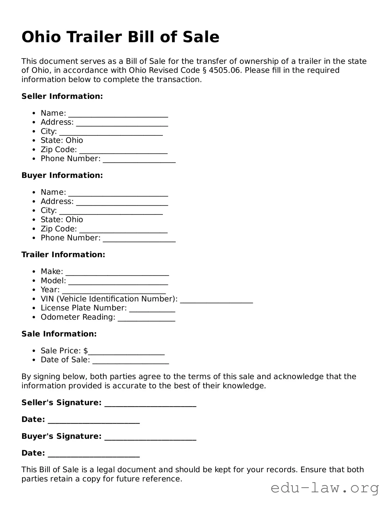 Legal  Trailer Bill of Sale Template for Ohio
