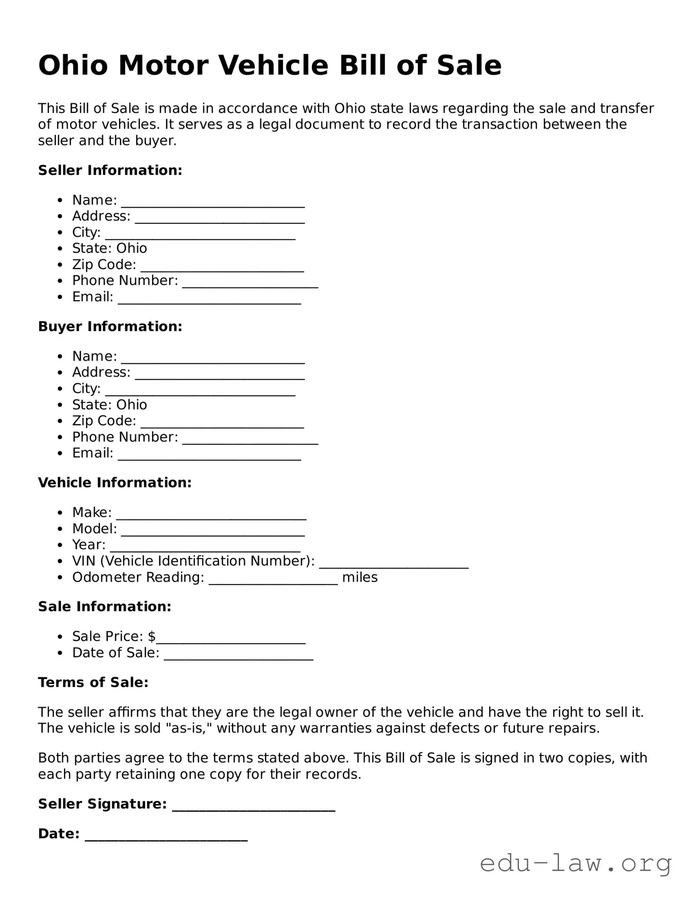Legal  Motor Vehicle Bill of Sale Template for Ohio