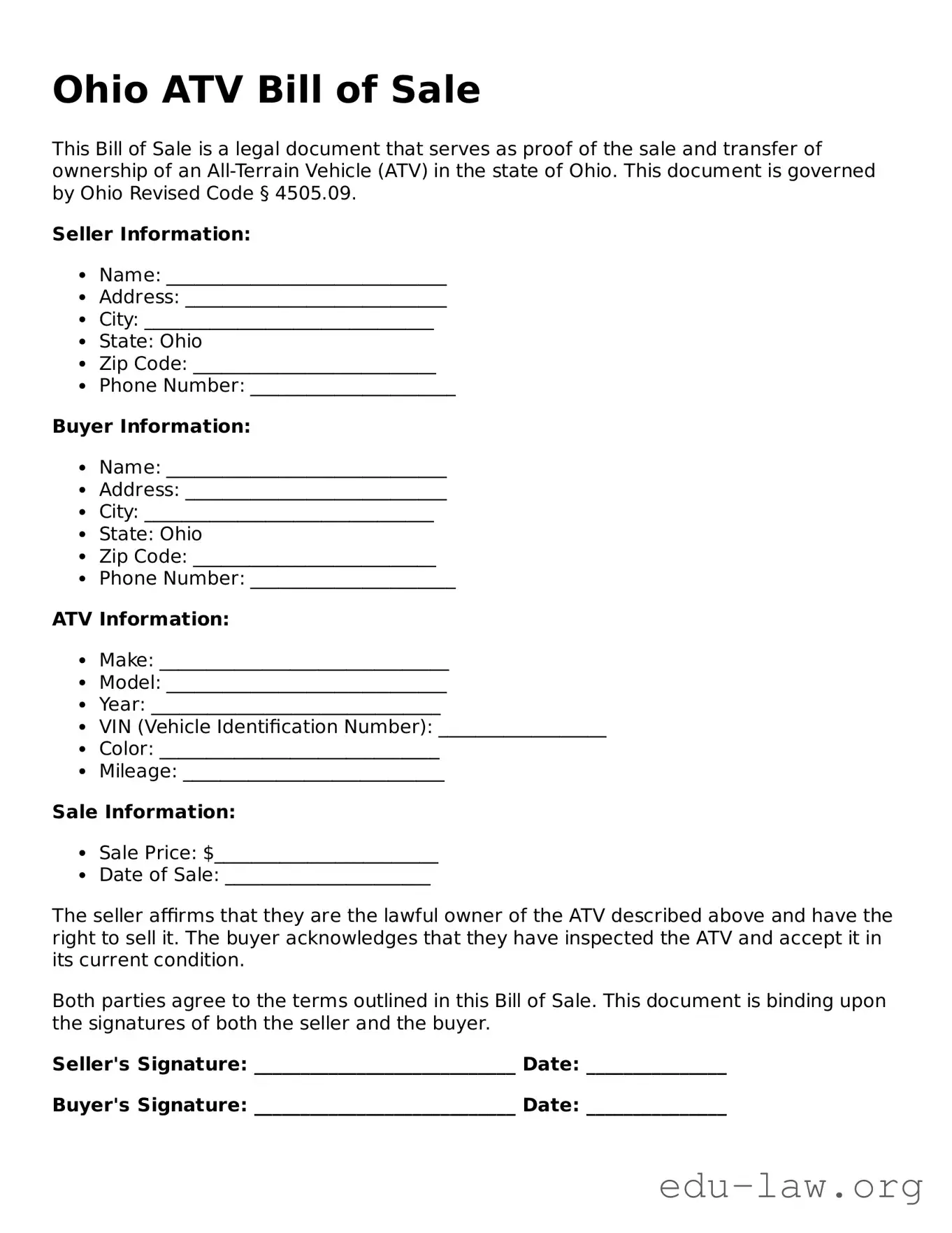 Legal  ATV Bill of Sale Template for Ohio