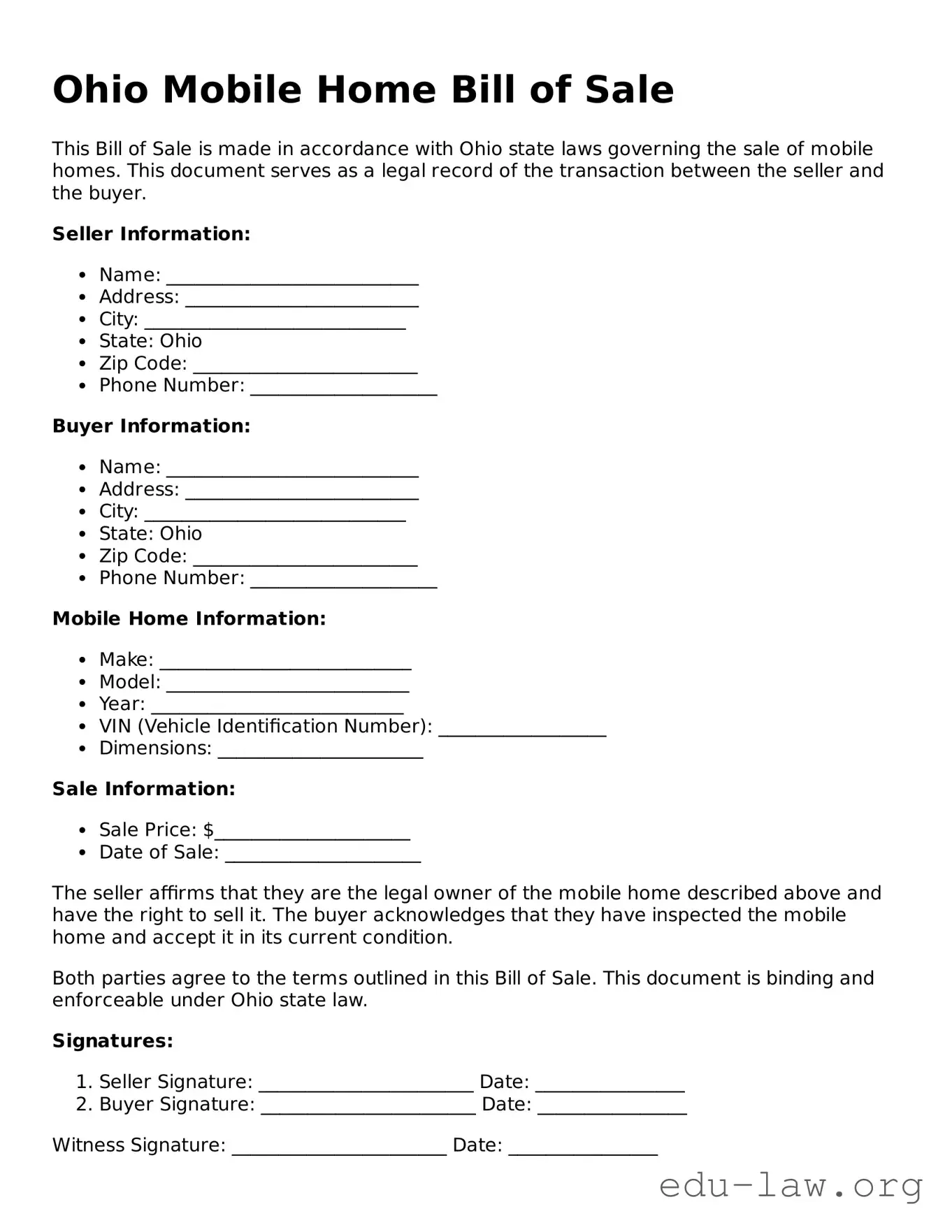 Legal  Mobile Home Bill of Sale Template for Ohio
